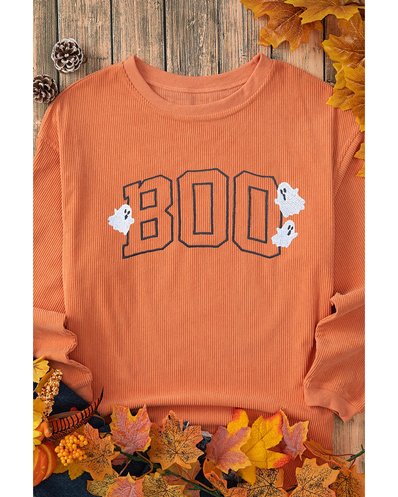 Orange Embroidered BOO Ghost Corded Halloween Sweatshirt - L 5