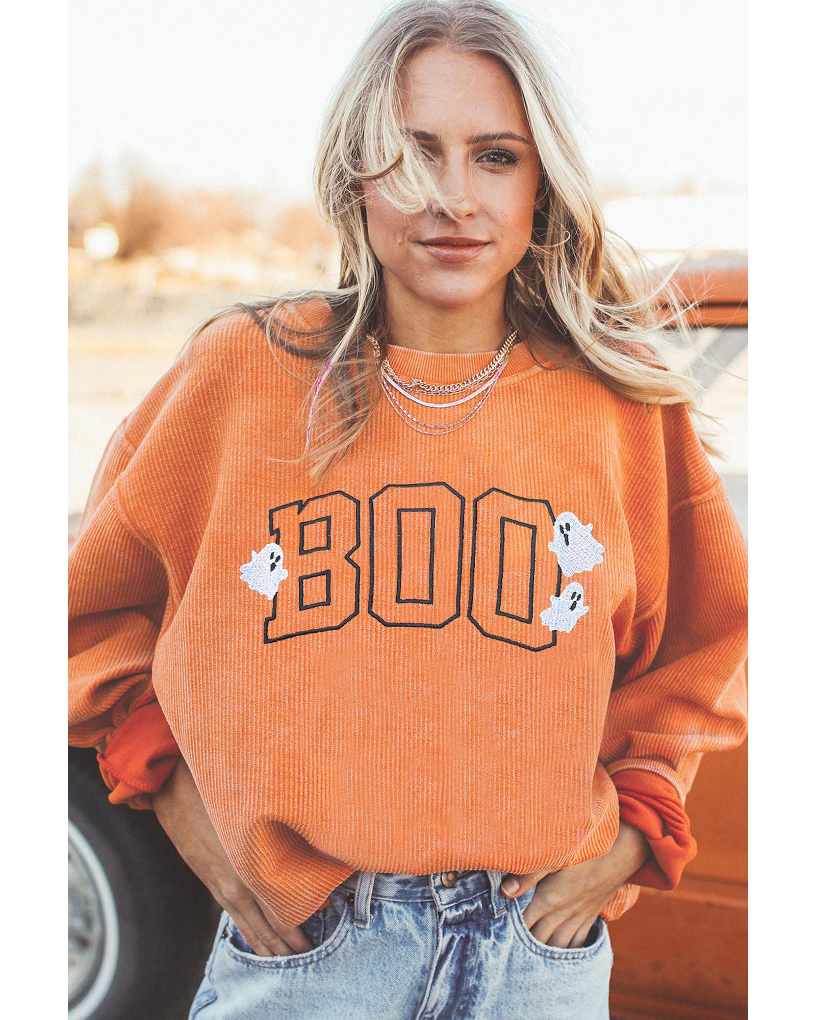 Orange Embroidered BOO Ghost Corded Halloween Sweatshirt - L 6