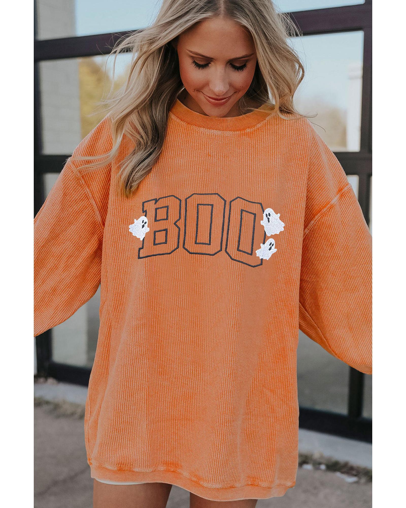 Orange Embroidered BOO Ghost Corded Halloween Sweatshirt - L 7