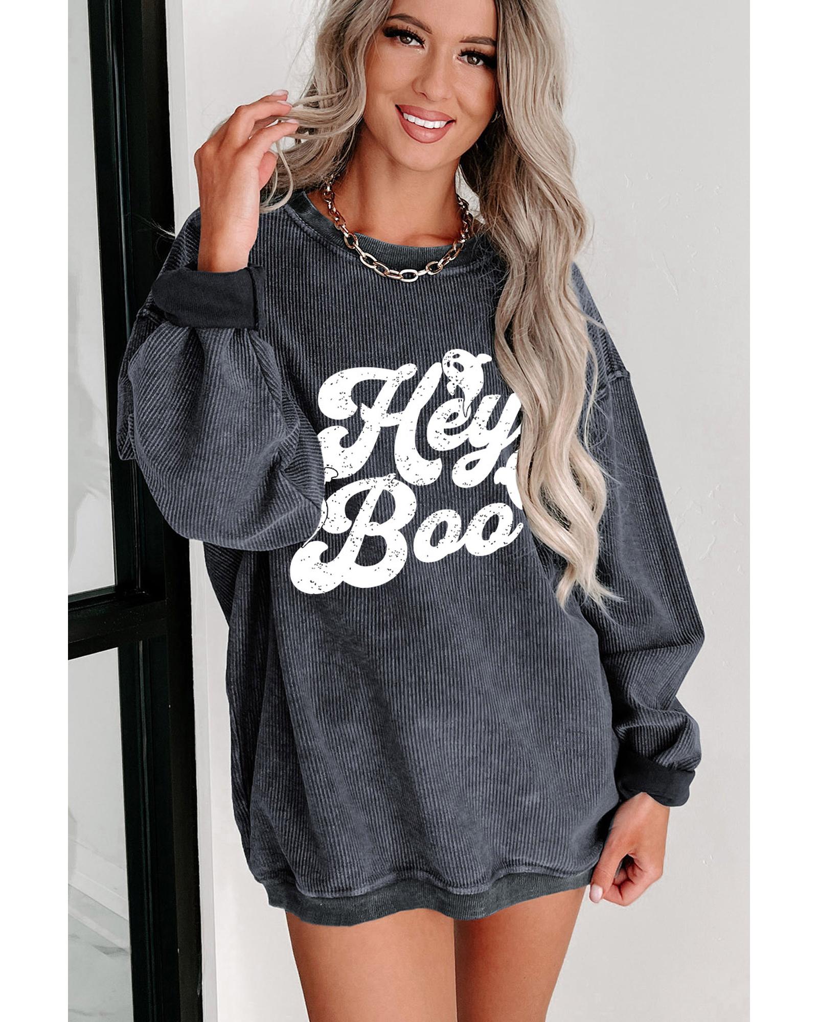 Gray Corded Hey Boo Ghost Graphic Drop Shoulder Halloween Sweatshirt - L 4