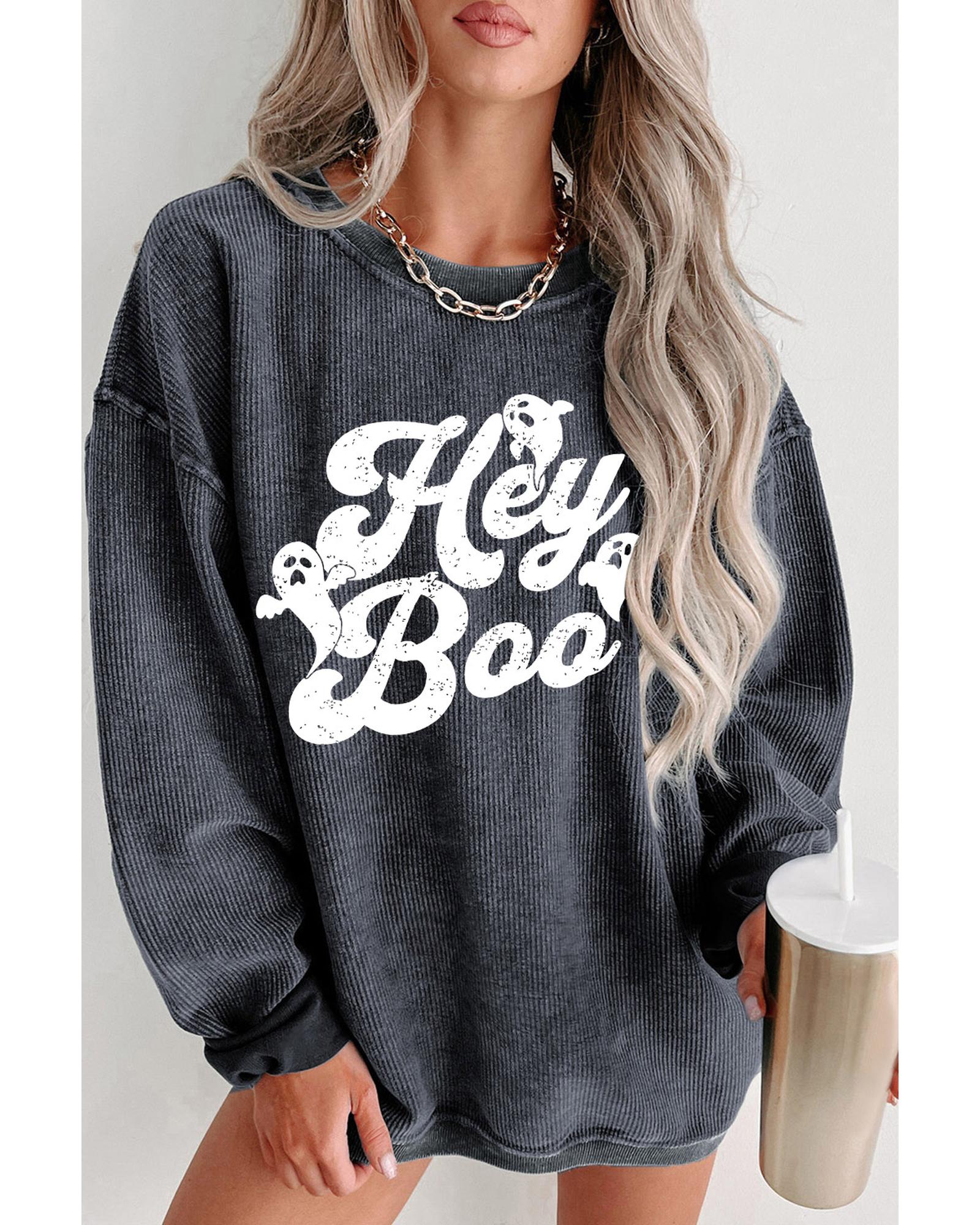 Gray Corded Hey Boo Ghost Graphic Drop Shoulder Halloween Sweatshirt - M 3