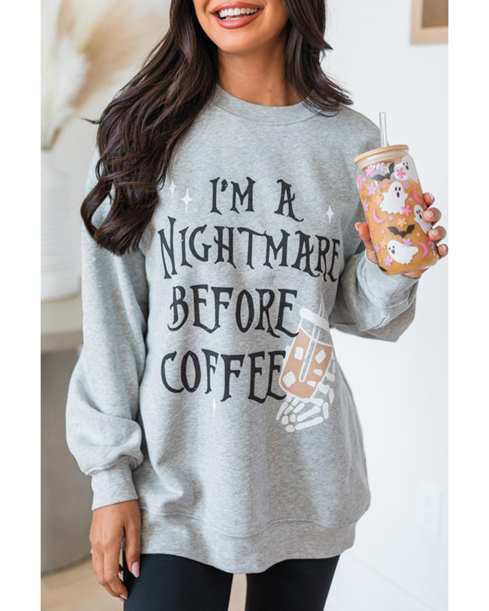Gray I'M A NIGHTMARE BEFORE COFFEE Graphic Crewneck Sweatshirt - S 5