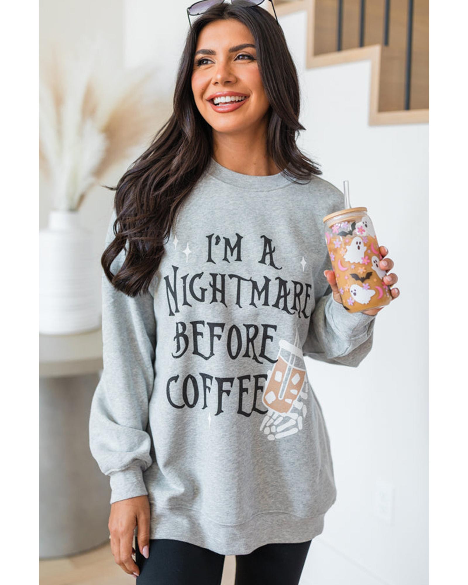Gray I'M A NIGHTMARE BEFORE COFFEE Graphic Crewneck Sweatshirt - S 7