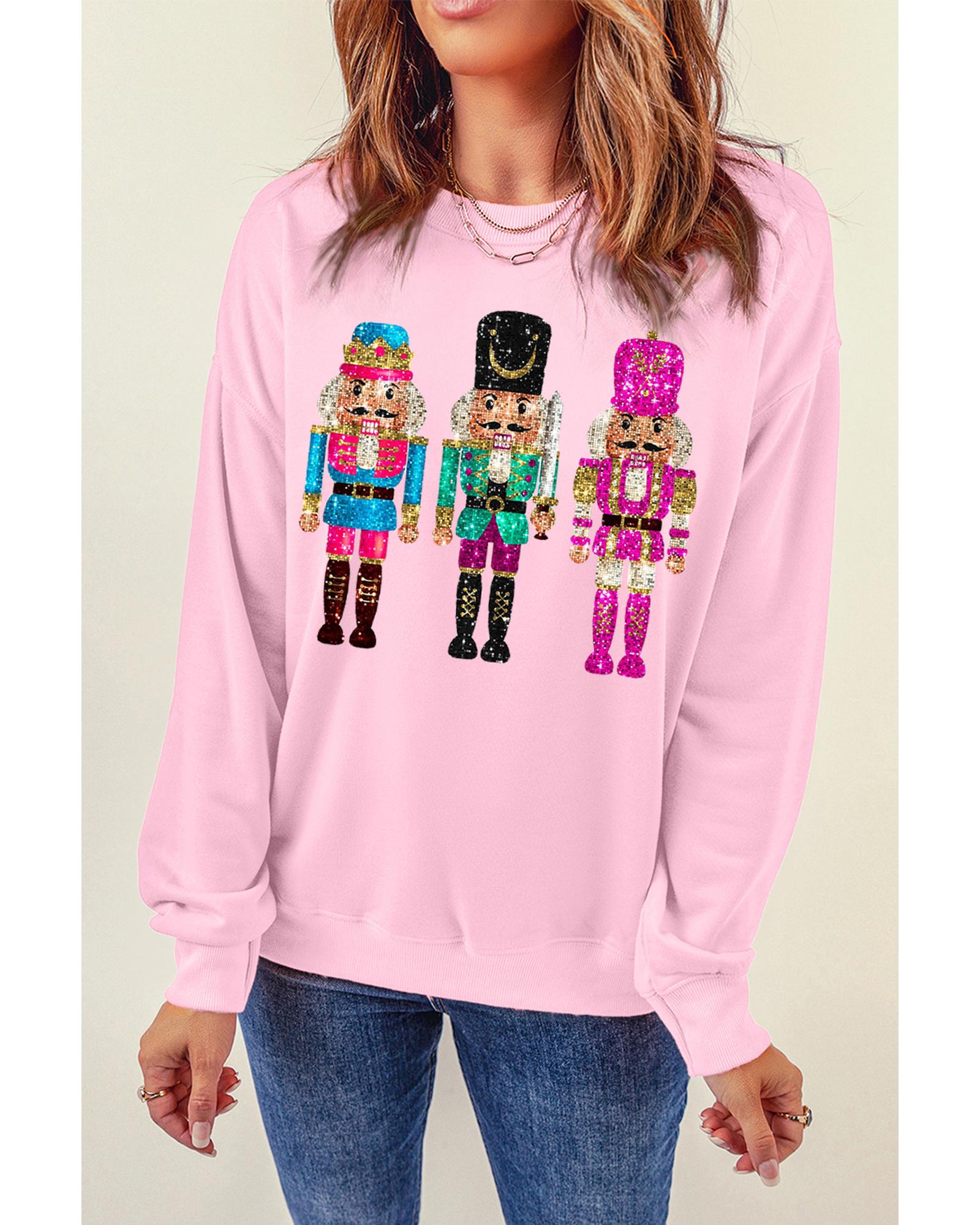 Pink Cute Nutcracker Printed Drop Shoulder Christmas Sweatshirt - L 3