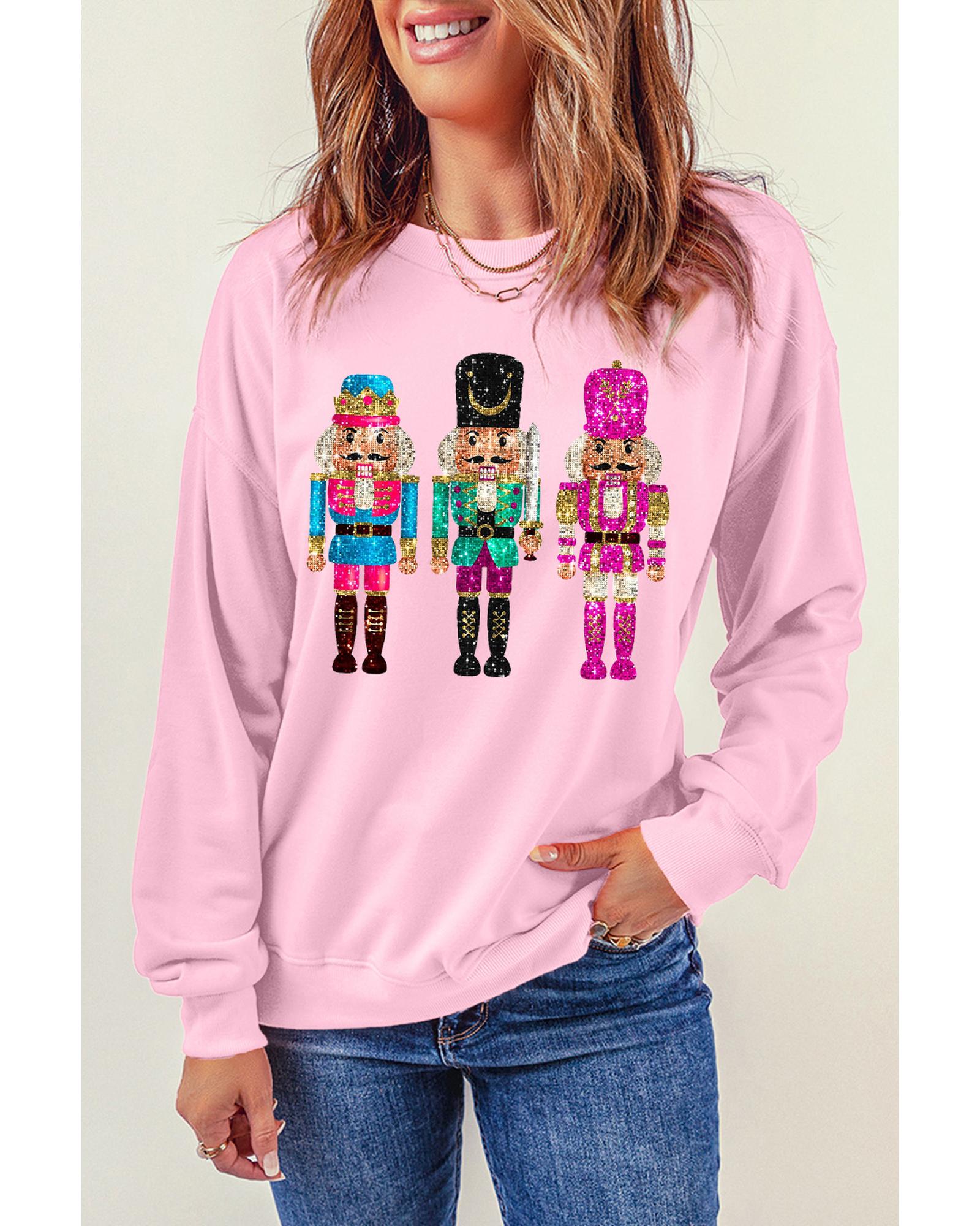 Pink Cute Nutcracker Printed Drop Shoulder Christmas Sweatshirt - L 4