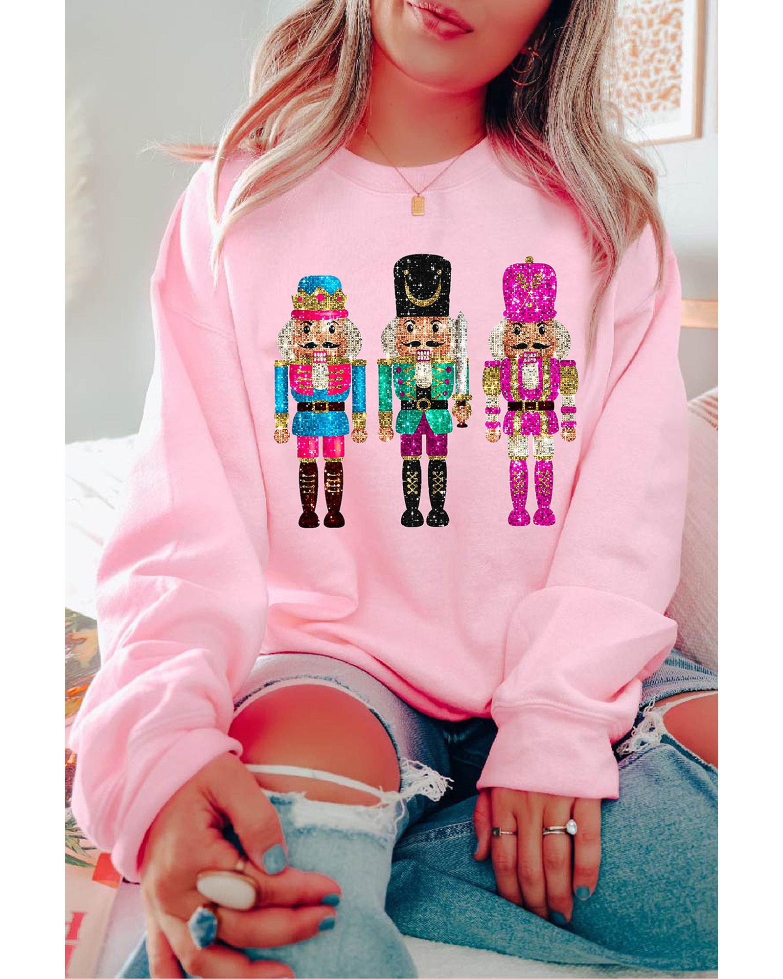 Pink Cute Nutcracker Printed Drop Shoulder Christmas Sweatshirt - L 5
