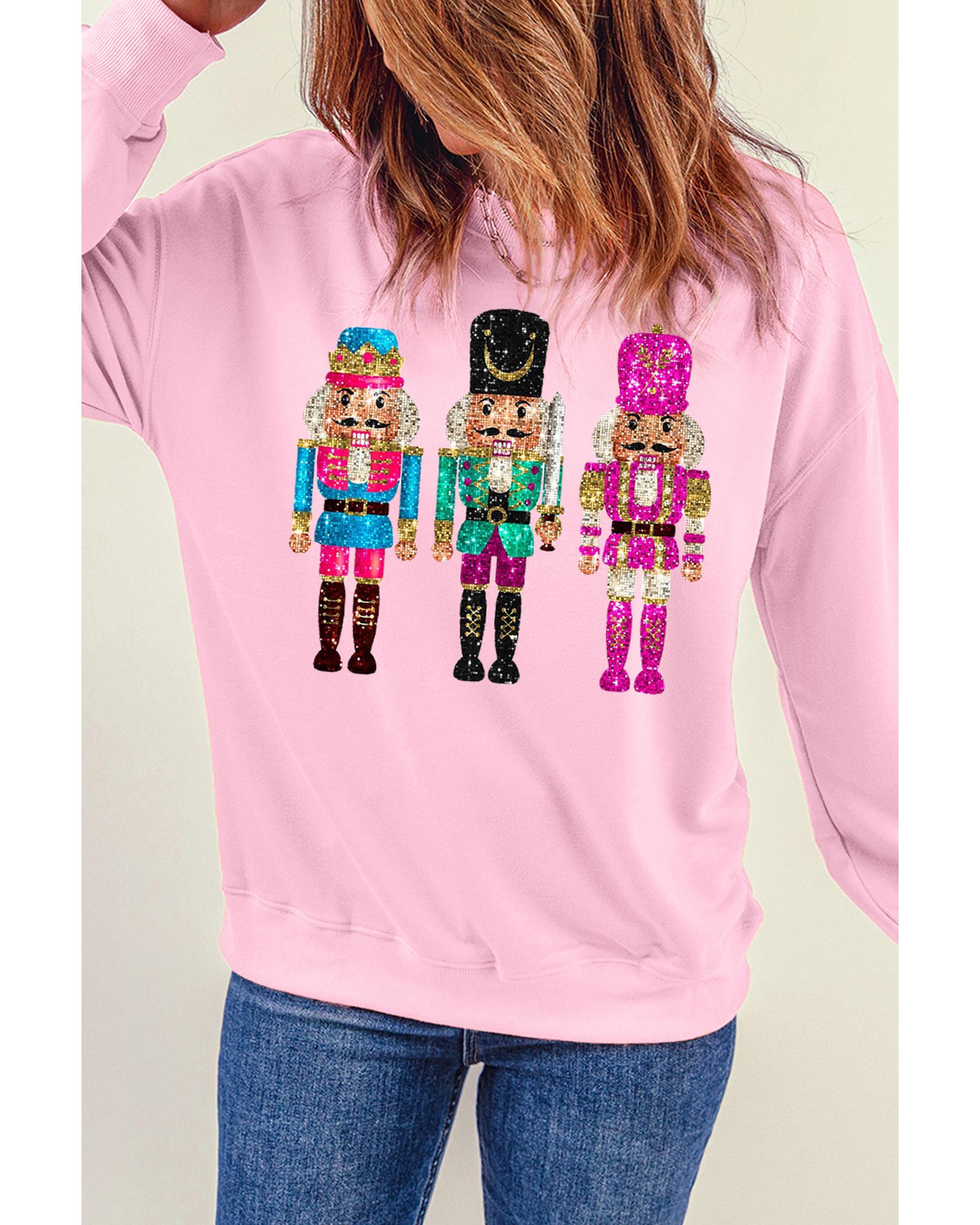 Pink Cute Nutcracker Printed Drop Shoulder Christmas Sweatshirt - L 7