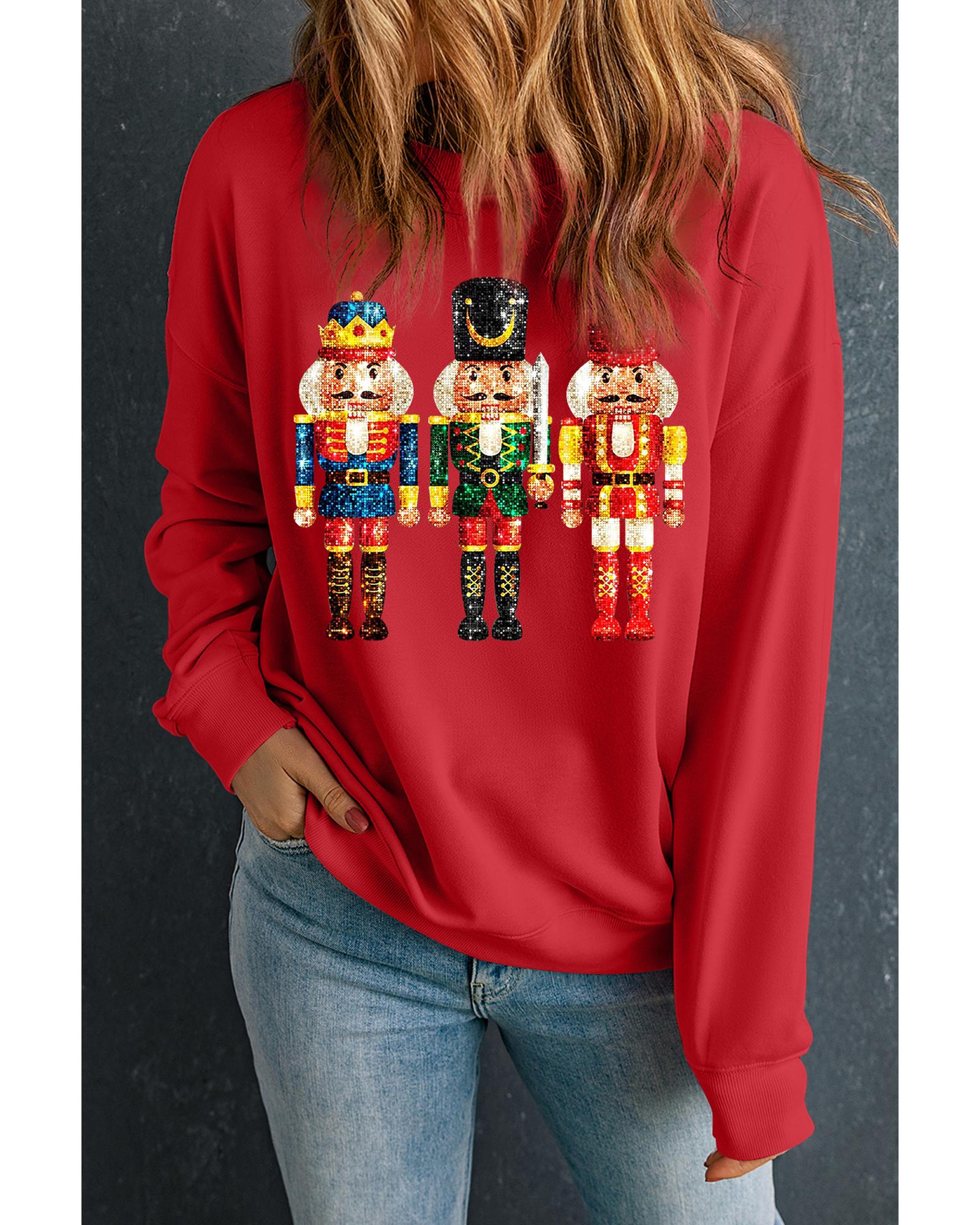 Red Christmas Metallic Nutcracker Graphic Crew Neck Sweatshirt - M 3