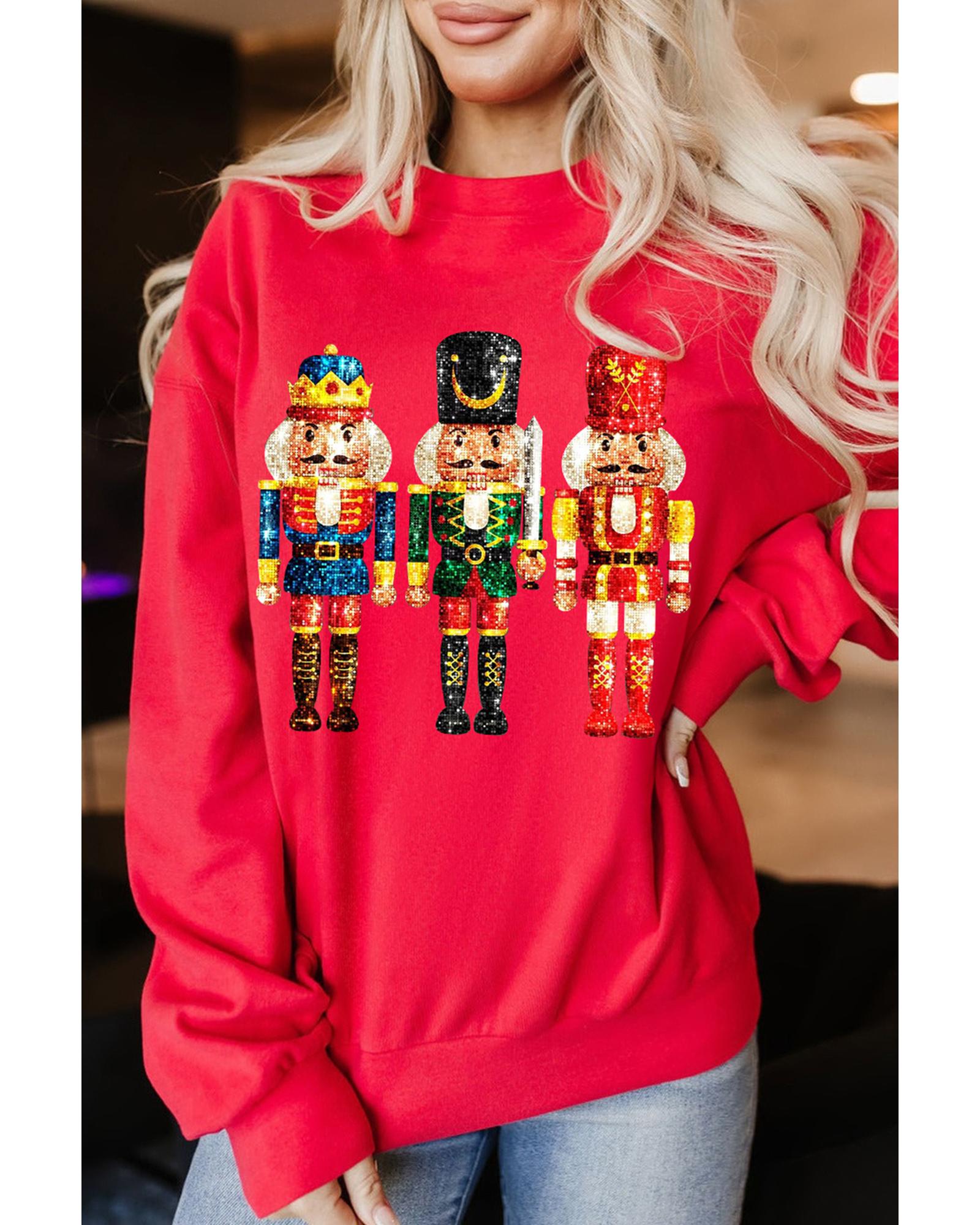 Red Christmas Metallic Nutcracker Graphic Crew Neck Sweatshirt - M 5