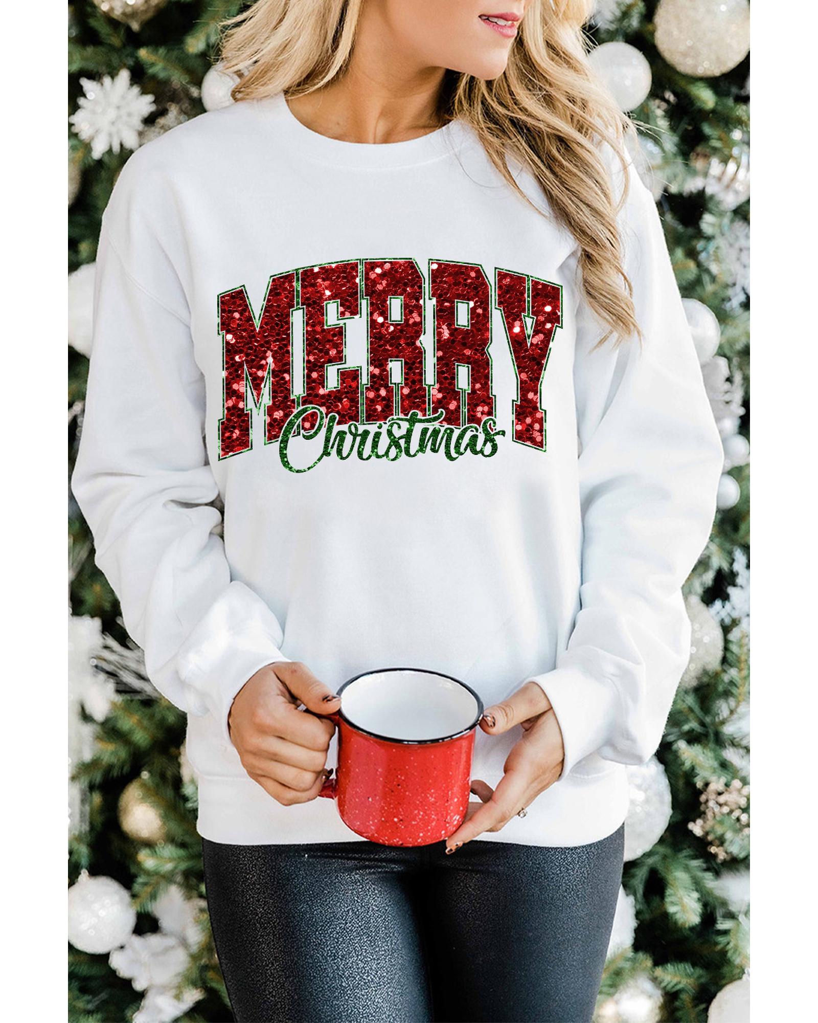 Beige MERRY Christmas Heat Transfer Printing Crewneck Pullover Sweatshirt - M 4