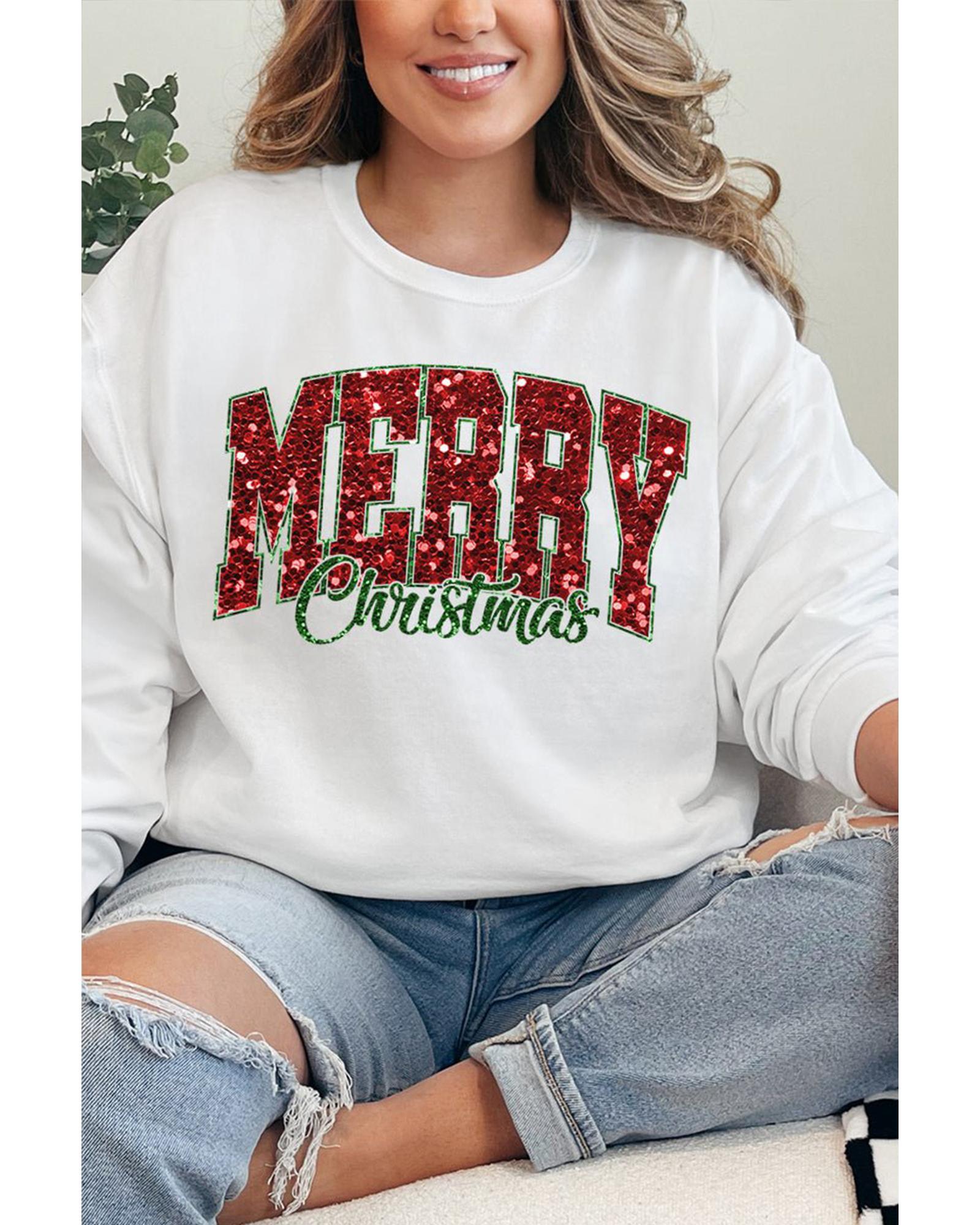 Beige MERRY Christmas Heat Transfer Printing Crewneck Pullover Sweatshirt - M 7