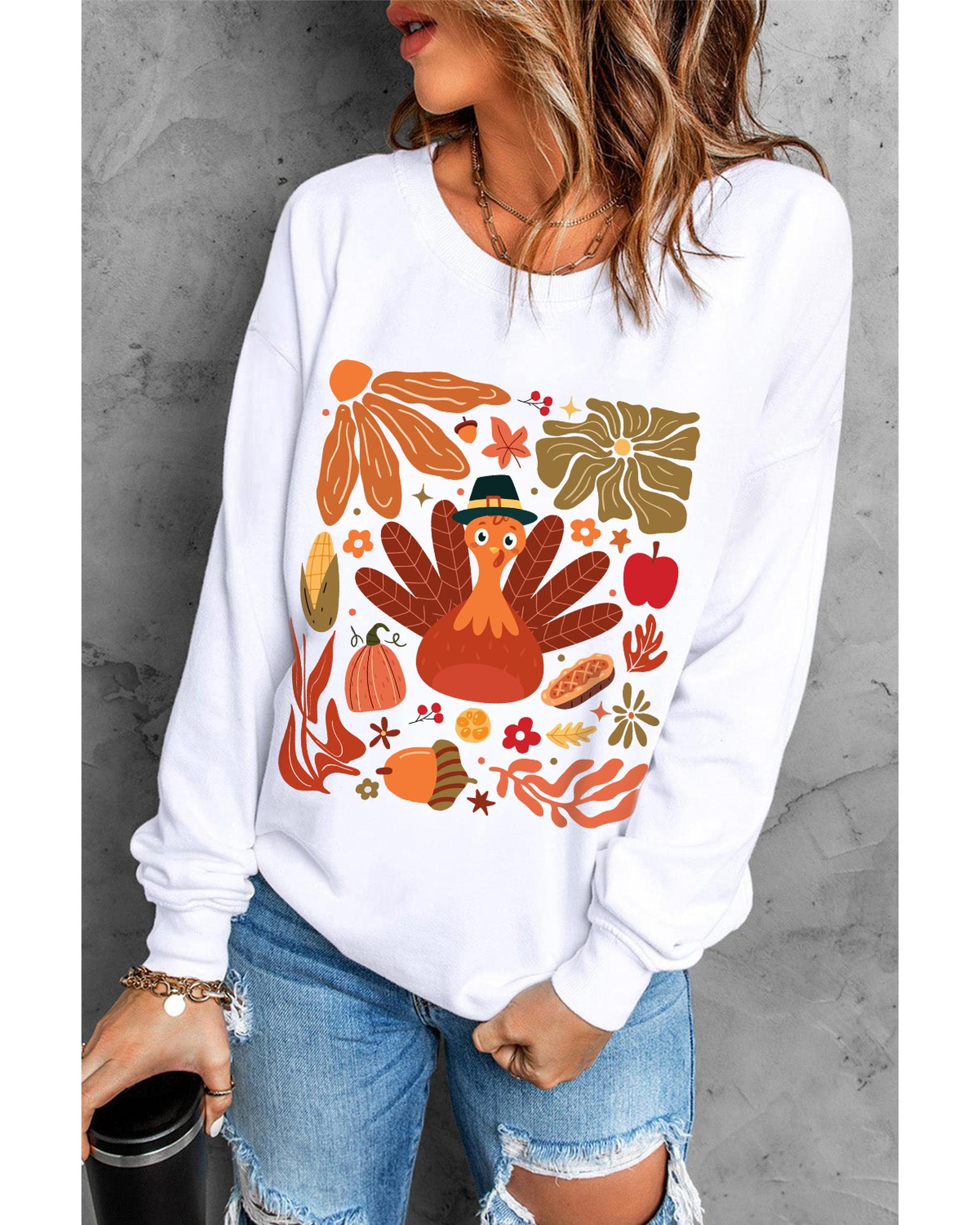 Beige Thanksgiving Fall Vibe Graphic Crew Neck Sweatshirt - L