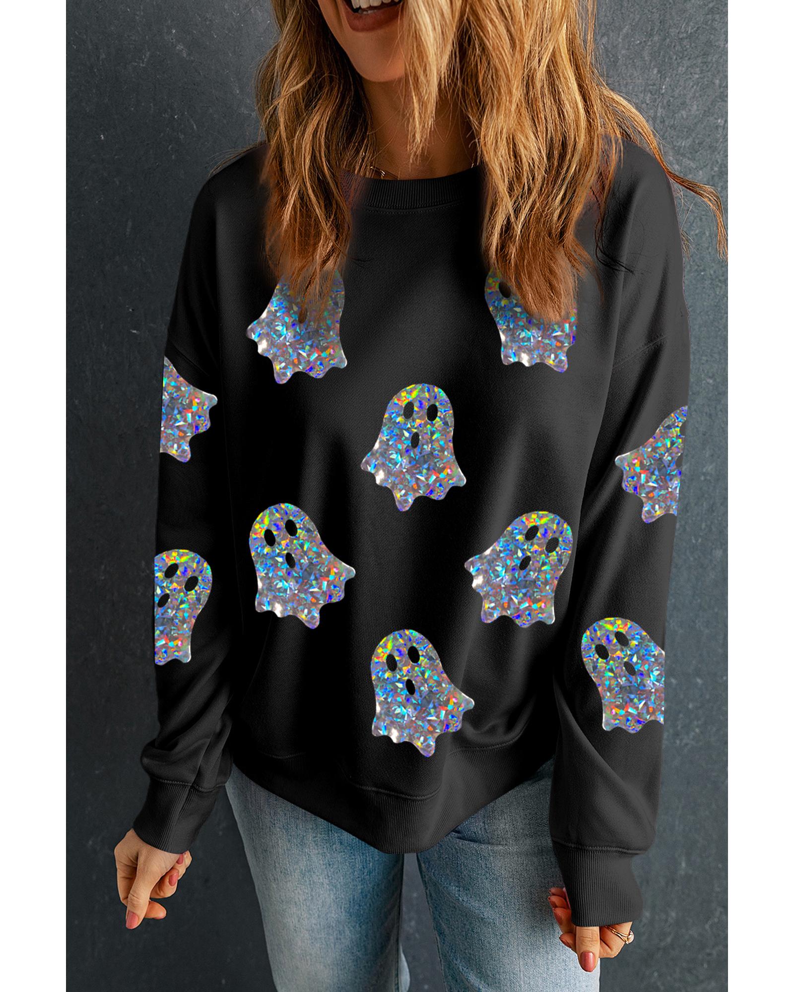 Black Glitter Ghosts Pattern Long Sleeve Halloween Sweatshirt - M