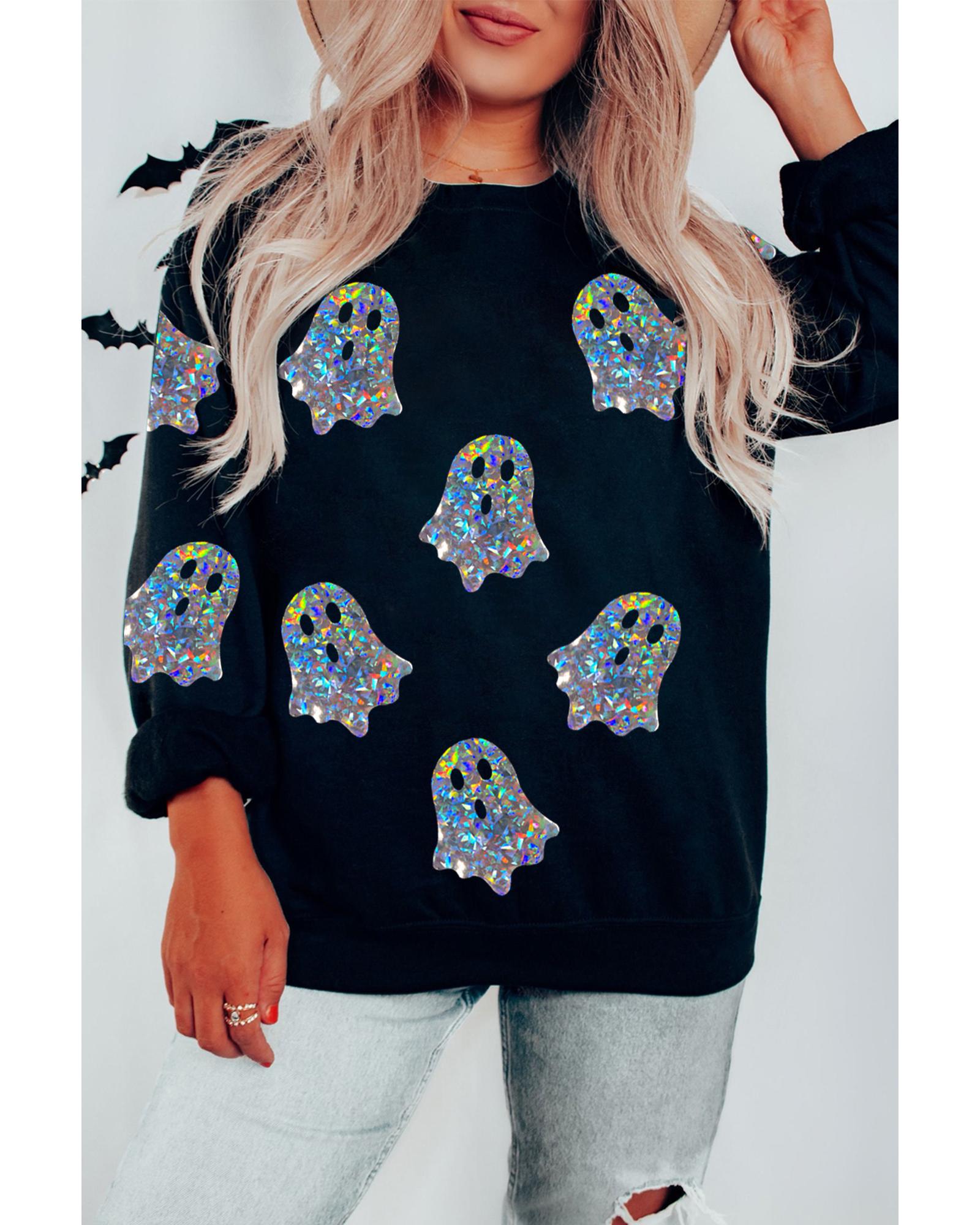 Black Glitter Ghosts Pattern Long Sleeve Halloween Sweatshirt - S 3
