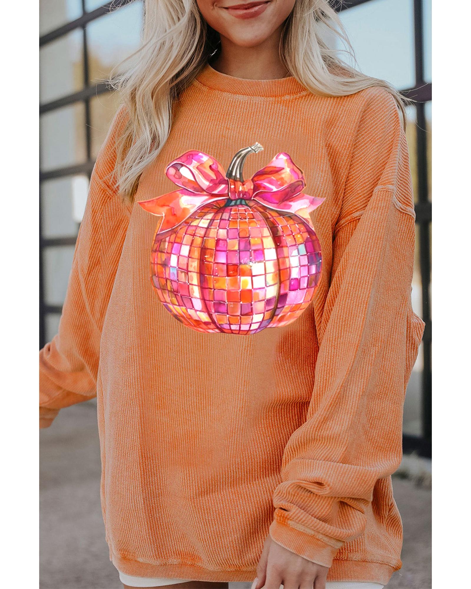 Orange Bow Pumpkin Graphic Crewneck Corded Thanksgiving Sweatshirt - M 3