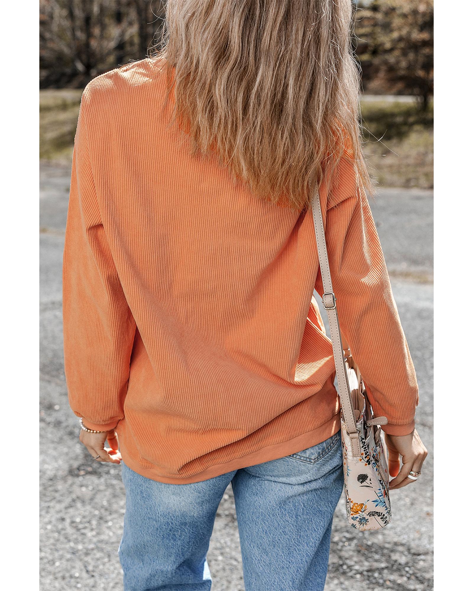 Orange Bow Pumpkin Graphic Crewneck Corded Thanksgiving Sweatshirt - S