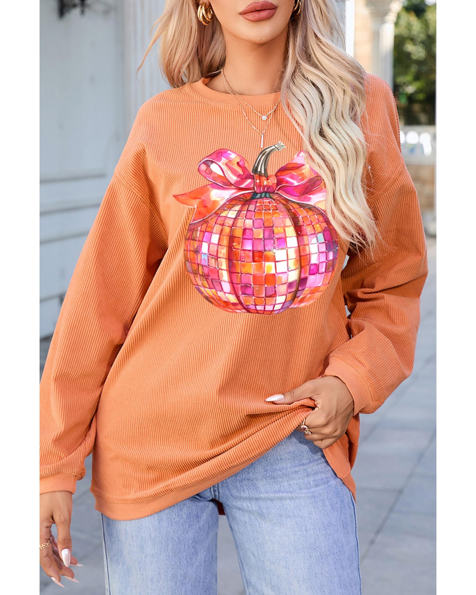 Orange Bow Pumpkin Graphic Crewneck Corded Thanksgiving Sweatshirt - XL 3
