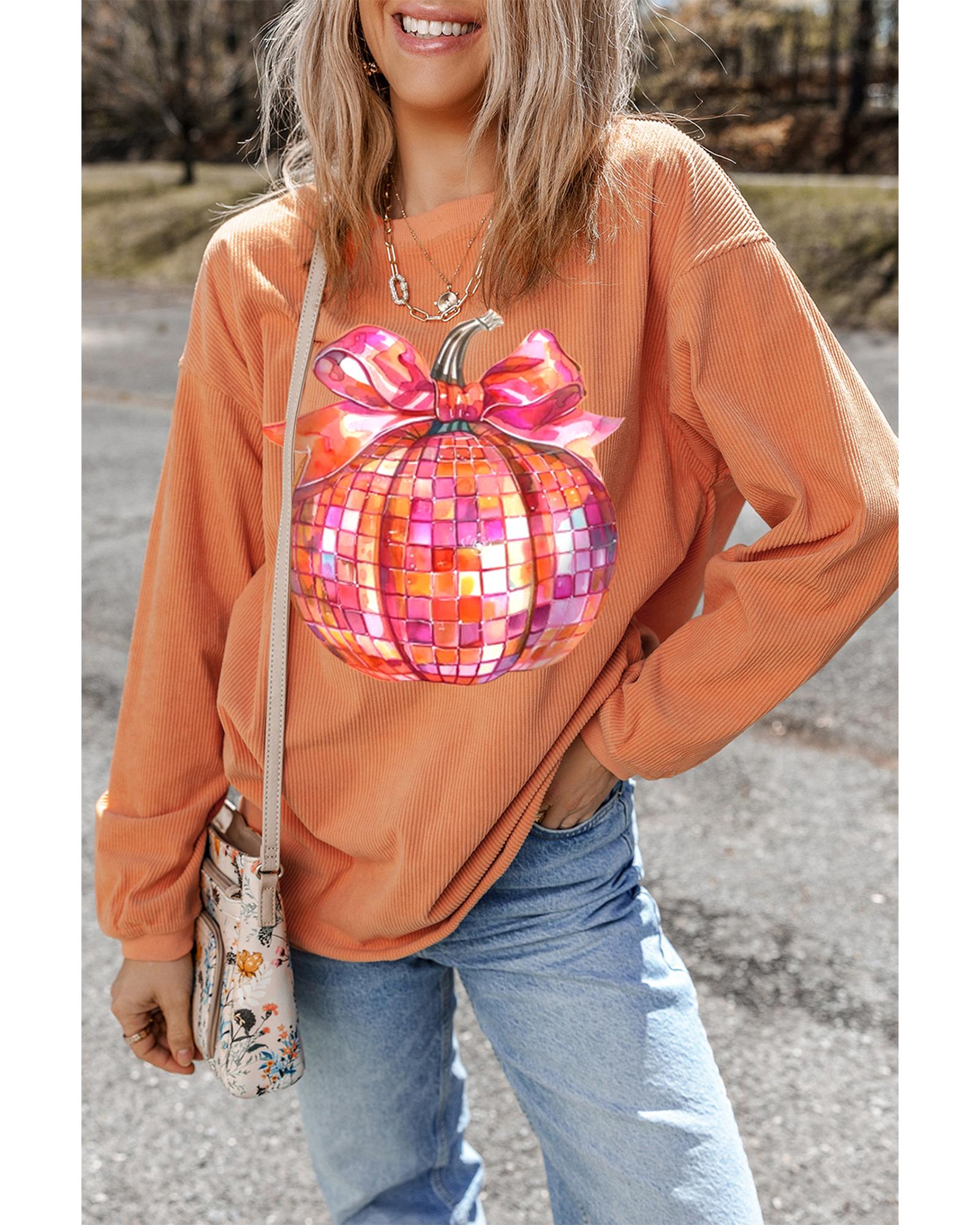 Orange Bow Pumpkin Graphic Crewneck Corded Thanksgiving Sweatshirt - XL 7