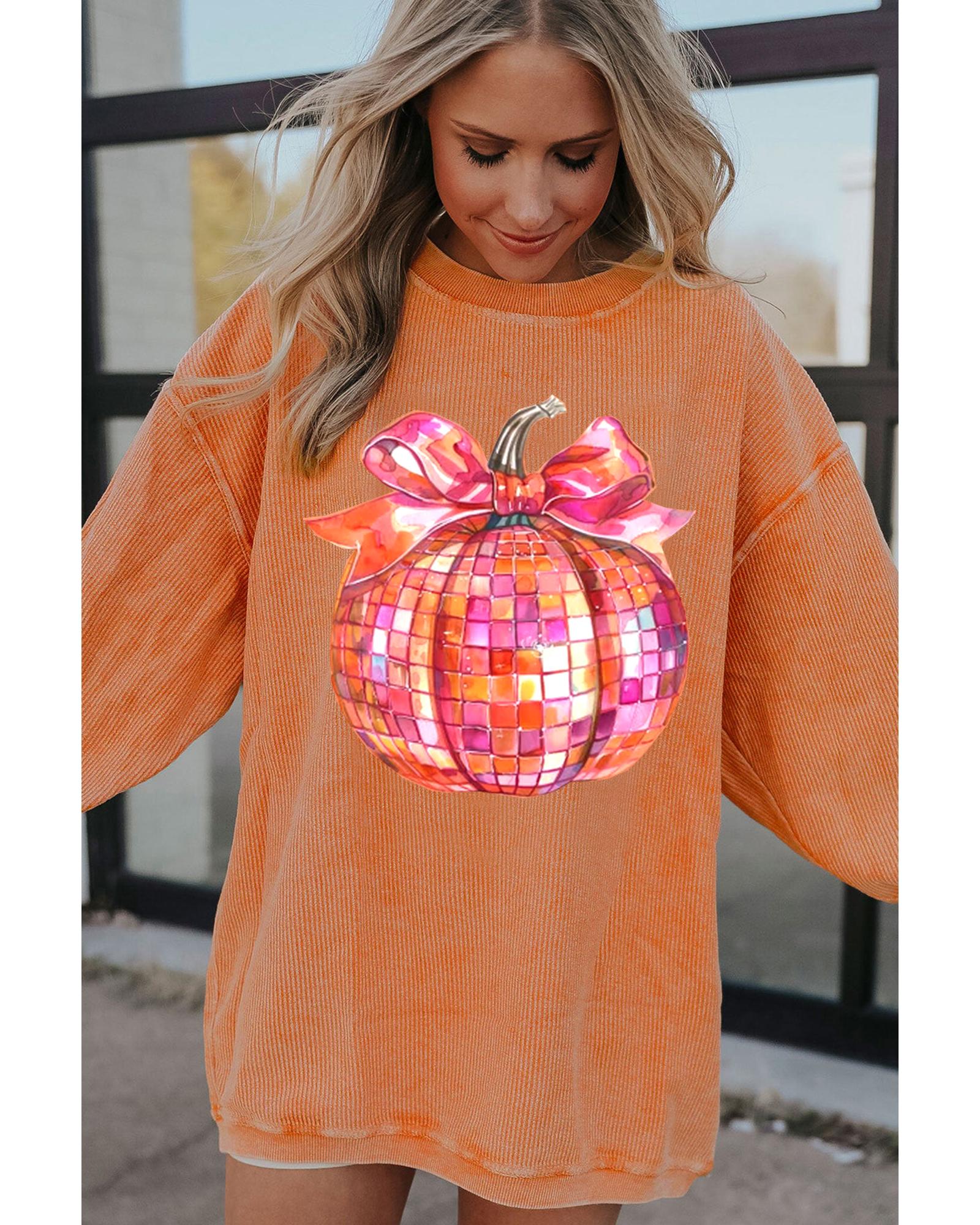 Orange Bow Pumpkin Graphic Crewneck Corded Thanksgiving Sweatshirt - XL 8