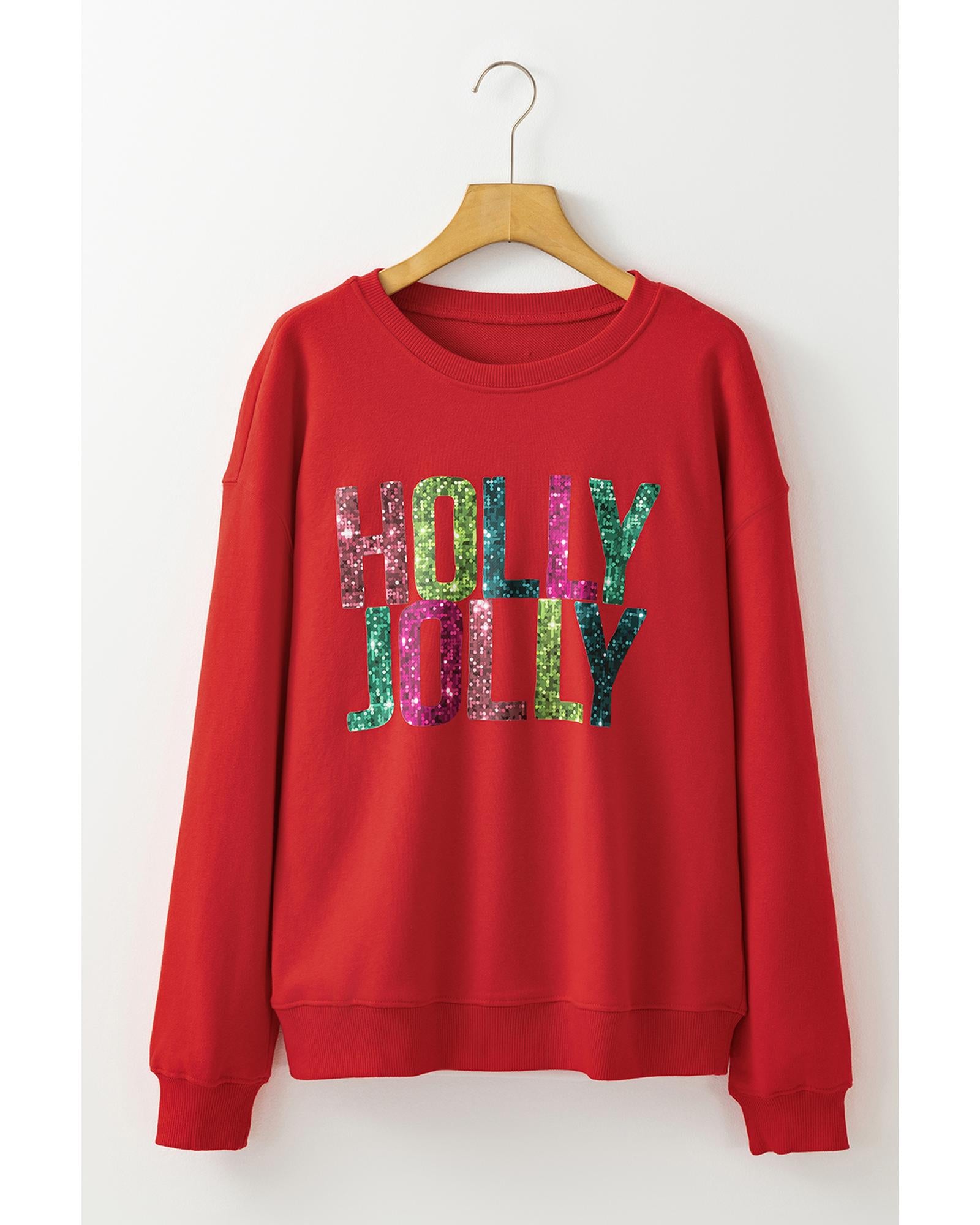 Red Heat Transfer HOLLY JOLLY Printing Christmas Pullover Sweatshirt - L 8