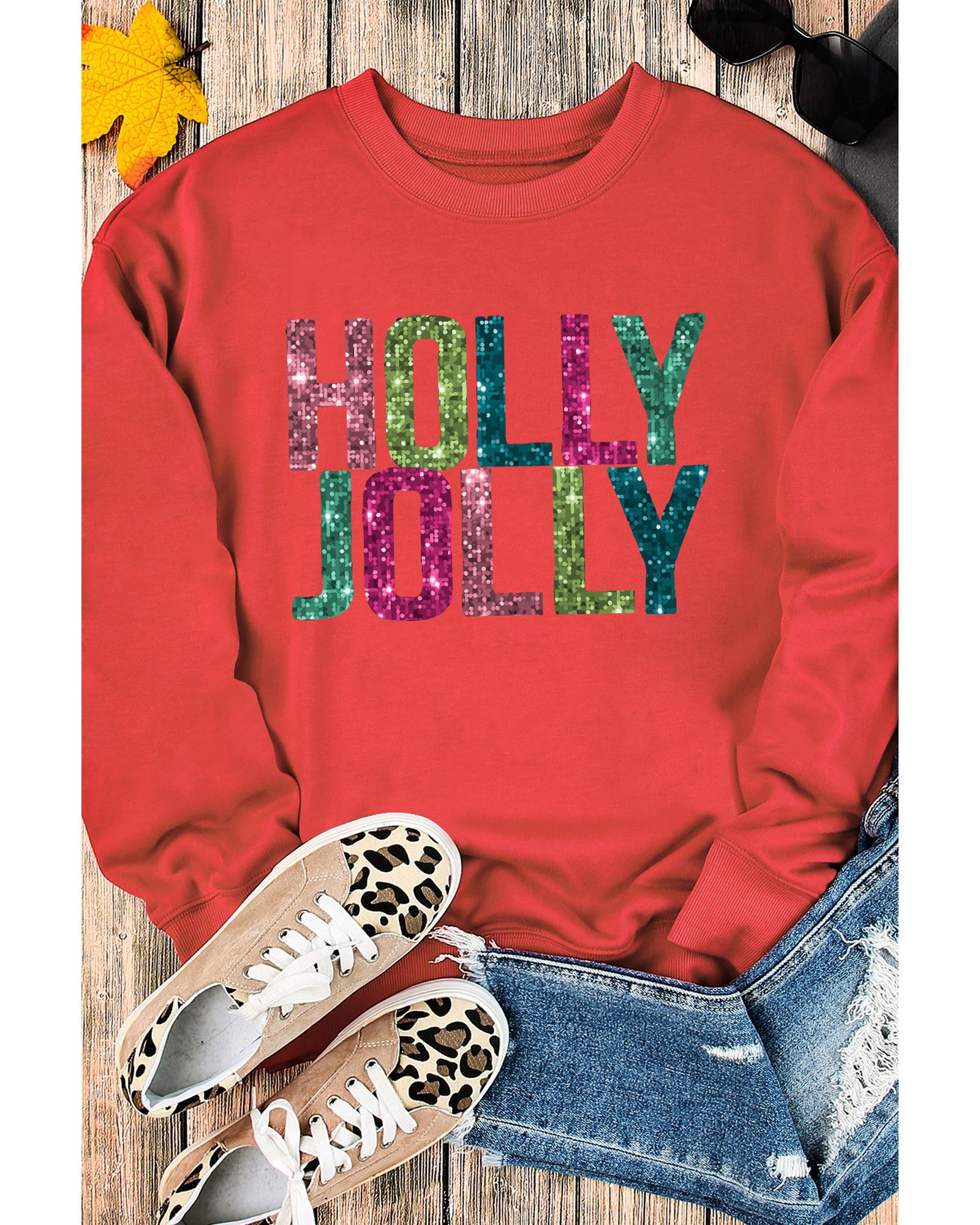 Red Heat Transfer HOLLY JOLLY Printing Christmas Pullover Sweatshirt - M 7