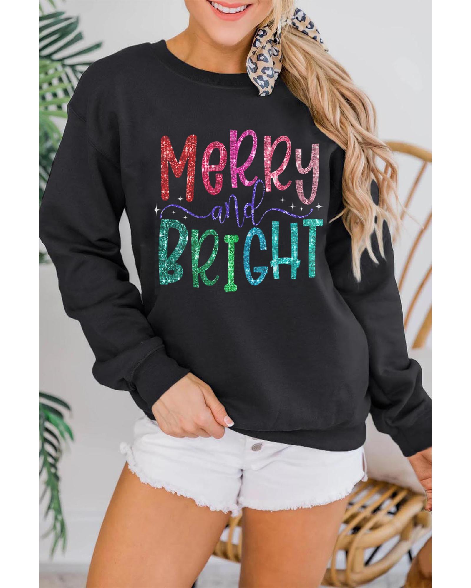 Black Glittering Merry and Bright Graphic Christmas Pullover Sweatshirt - L 6