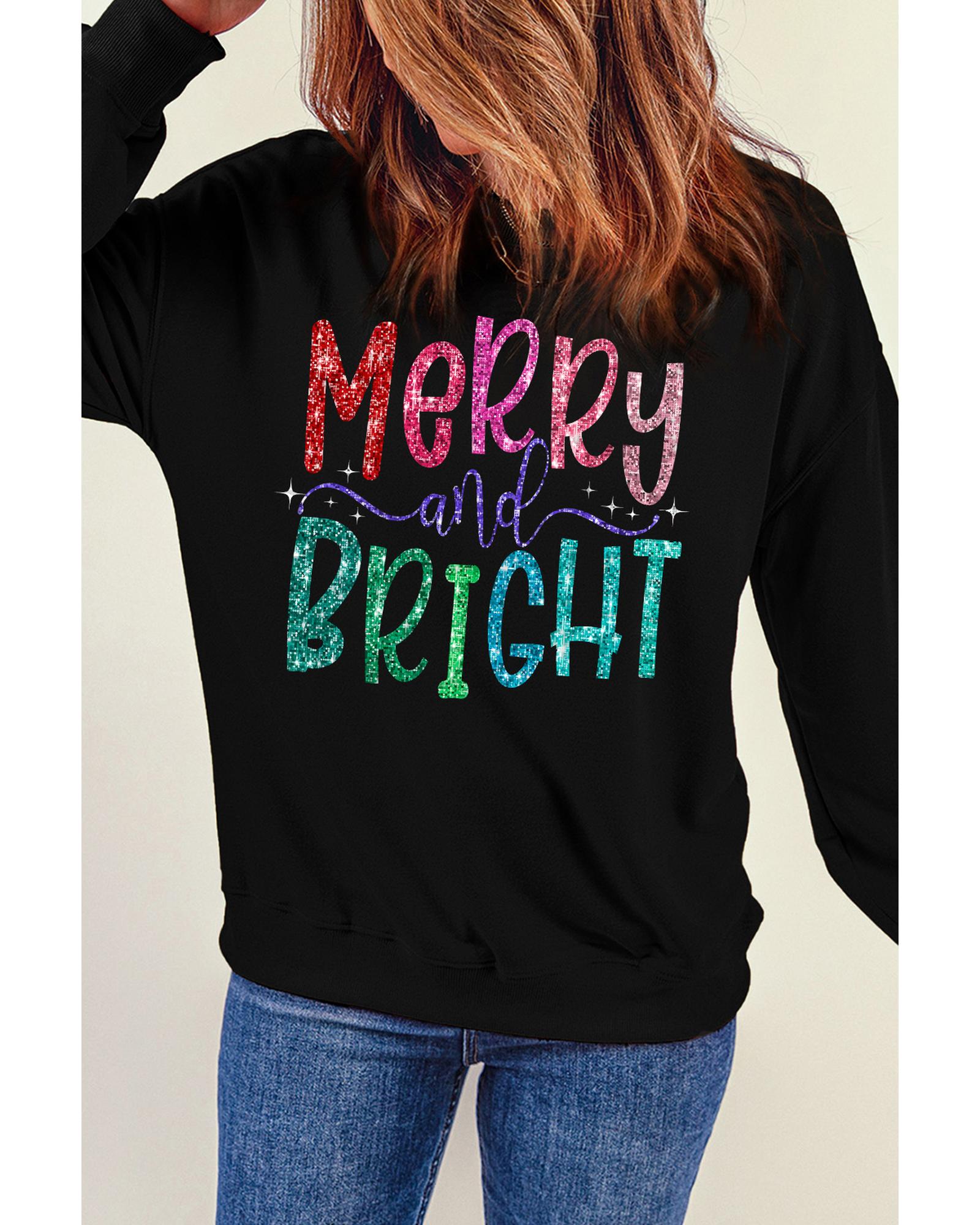 Black Glittering Merry and Bright Graphic Christmas Pullover Sweatshirt - S
