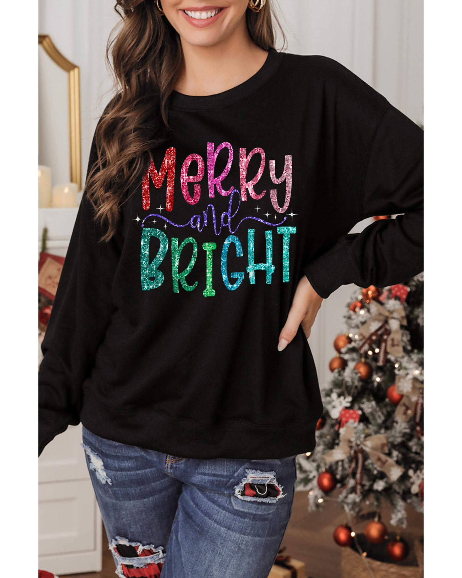 Black Glittering Merry and Bright Graphic Christmas Pullover Sweatshirt - XL 3