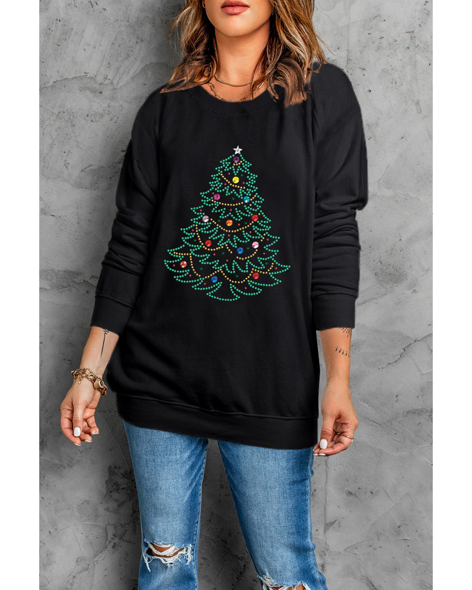 Black Rhinestone Christmas Tree Graphic Pullover Sweatshirt - L 3