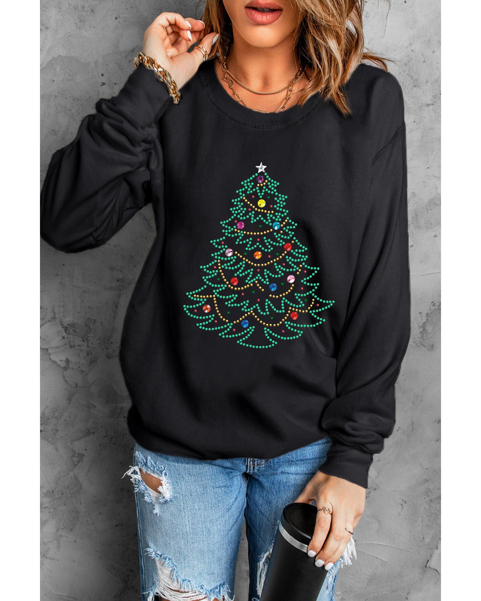 Black Rhinestone Christmas Tree Graphic Pullover Sweatshirt - L 6