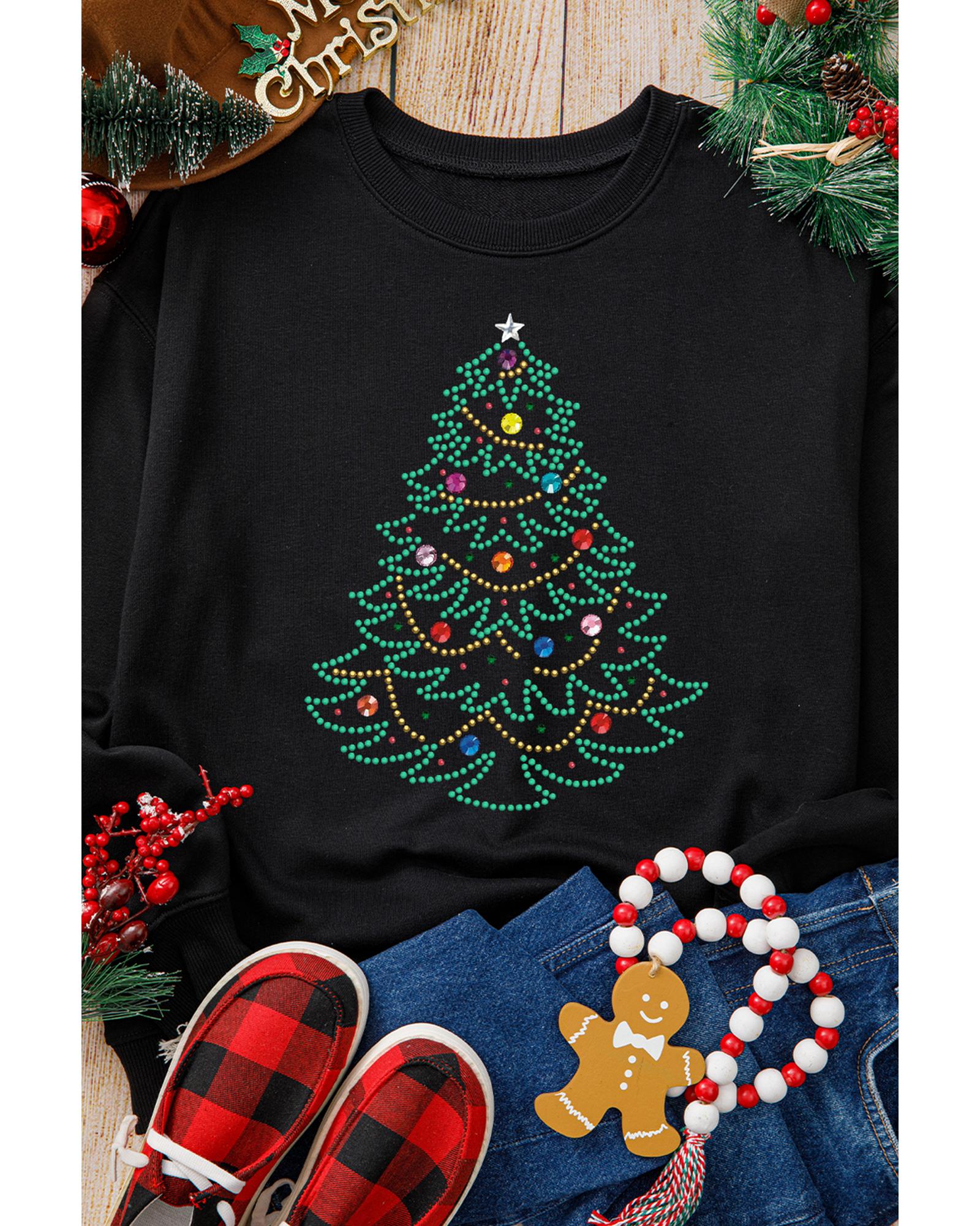 Black Rhinestone Christmas Tree Graphic Pullover Sweatshirt - S 5