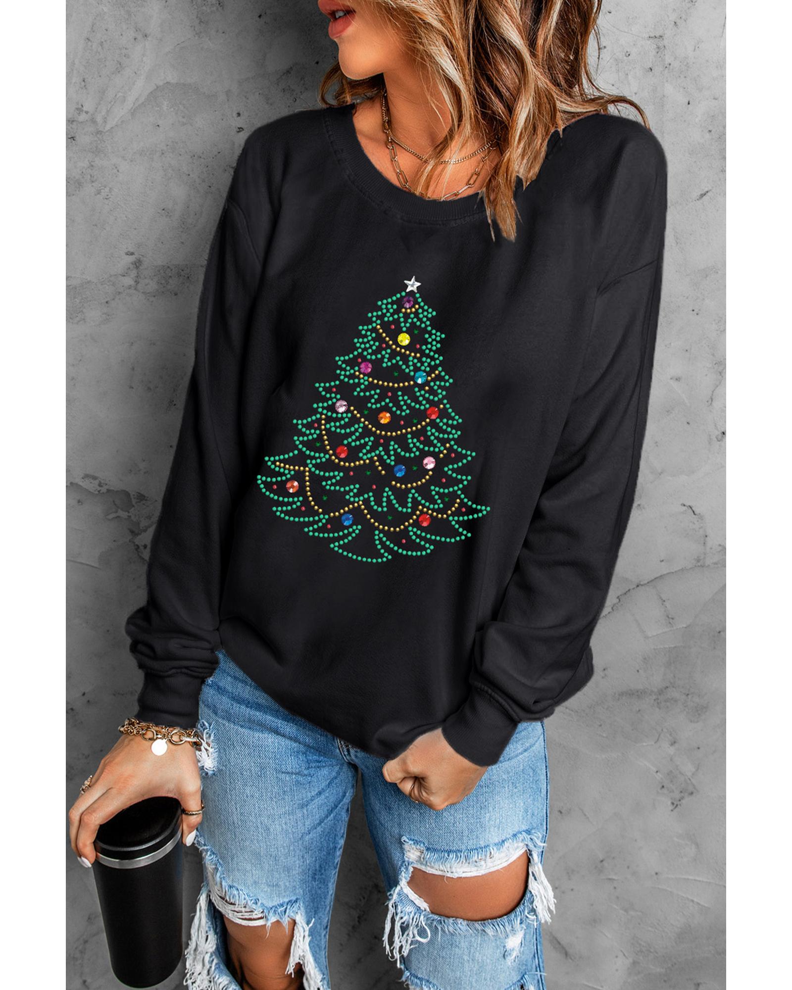 Black Rhinestone Christmas Tree Graphic Pullover Sweatshirt - XL 4