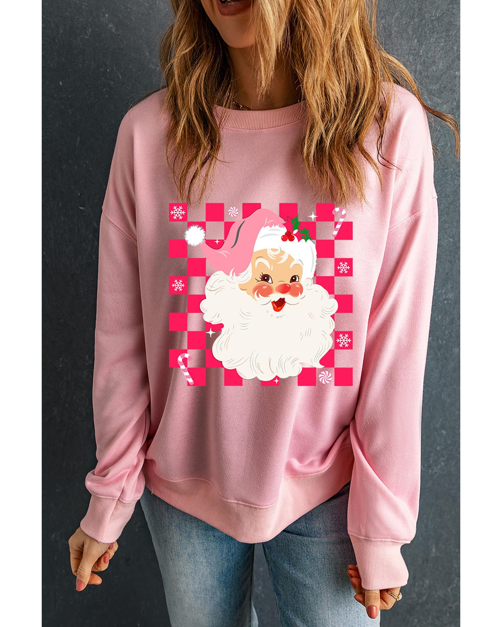 Pink Fancy Checkered Father Christmas Graphic Sweatshirt - XL
