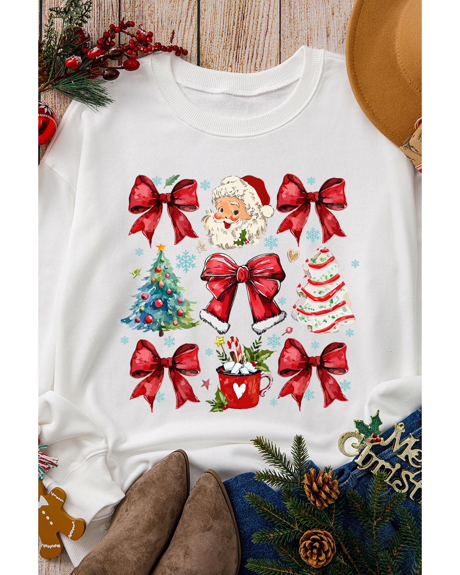 Beige Christmas Tree Bowknot Santa Clause Graphic Holiday Sweatshirt - L 3