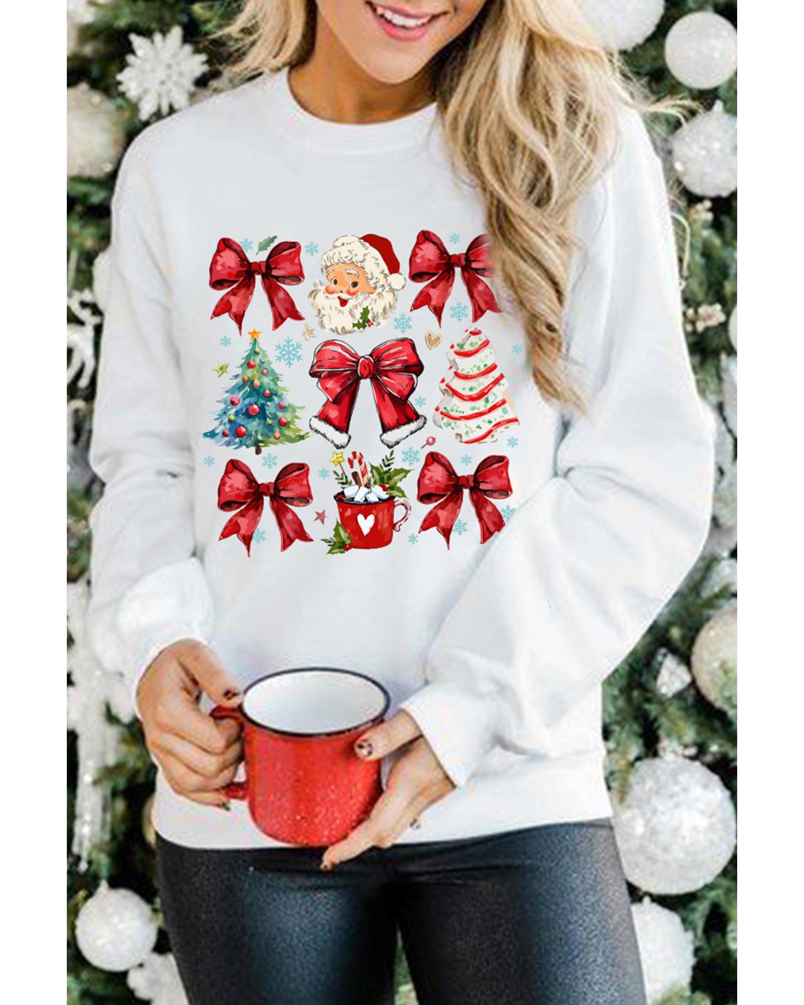 Beige Christmas Tree Bowknot Santa Clause Graphic Holiday Sweatshirt - L 5