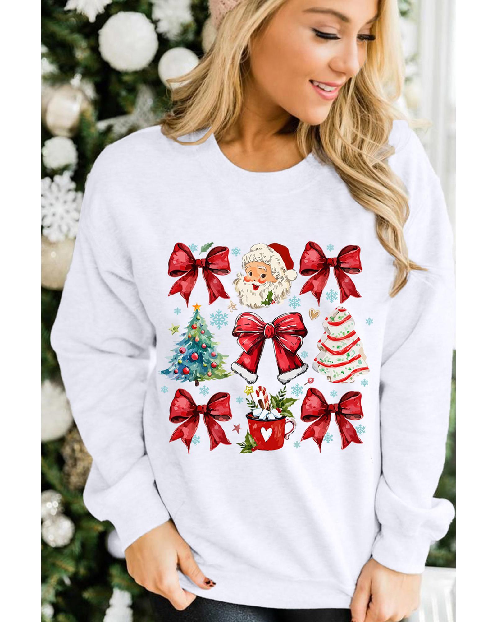Beige Christmas Tree Bowknot Santa Clause Graphic Holiday Sweatshirt - L 6