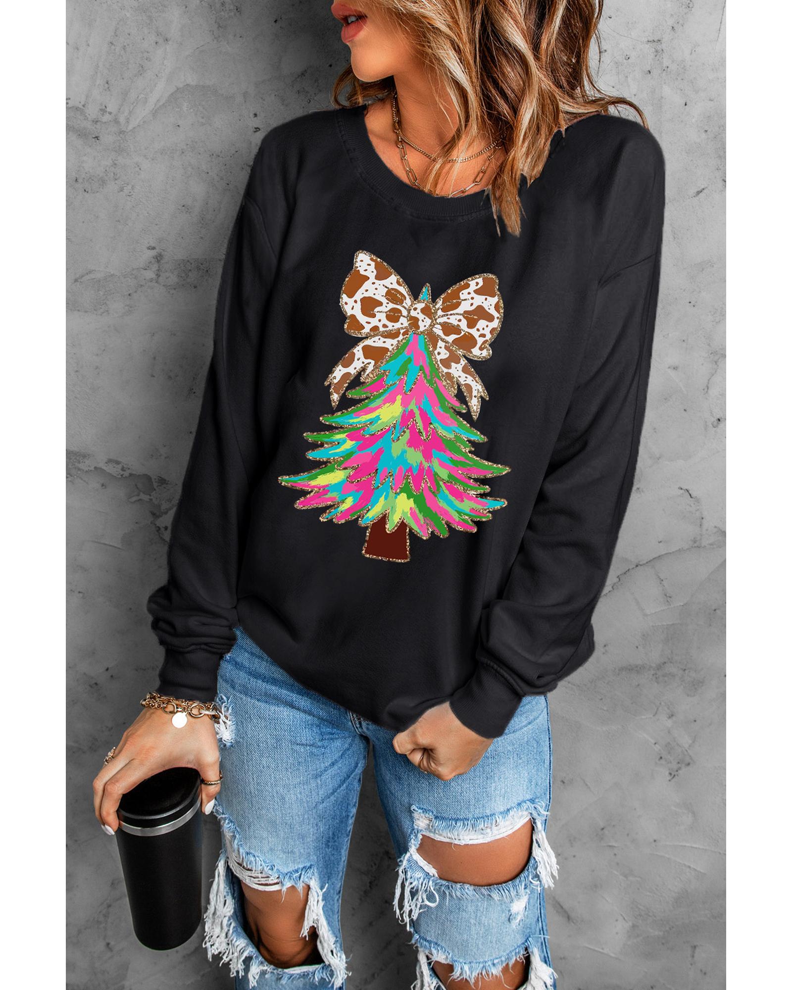 Black Bowknot Christmas Tree Shiny Graphic Sweatshirt - L 7