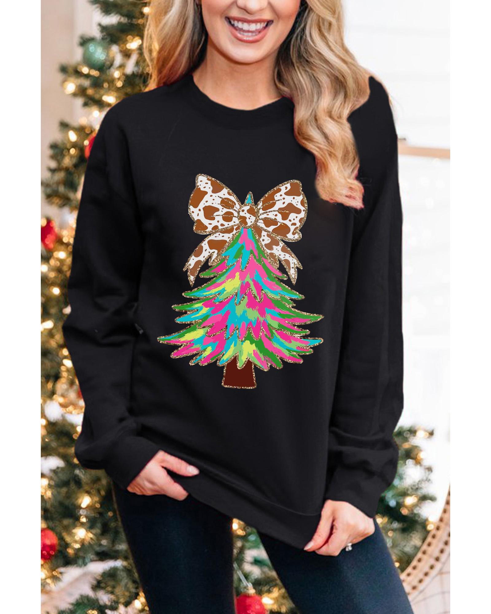 Black Bowknot Christmas Tree Shiny Graphic Sweatshirt - M 3