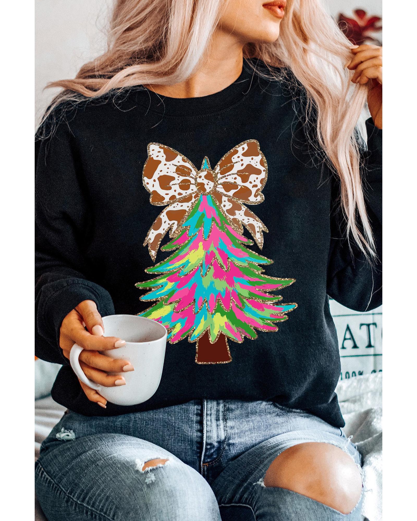Black Bowknot Christmas Tree Shiny Graphic Sweatshirt - M 4