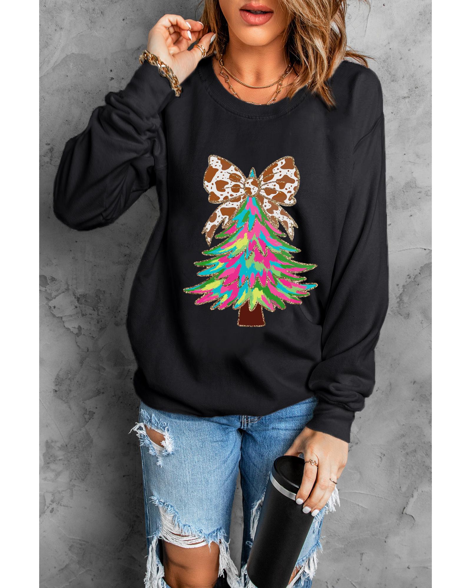 Black Bowknot Christmas Tree Shiny Graphic Sweatshirt - M 6