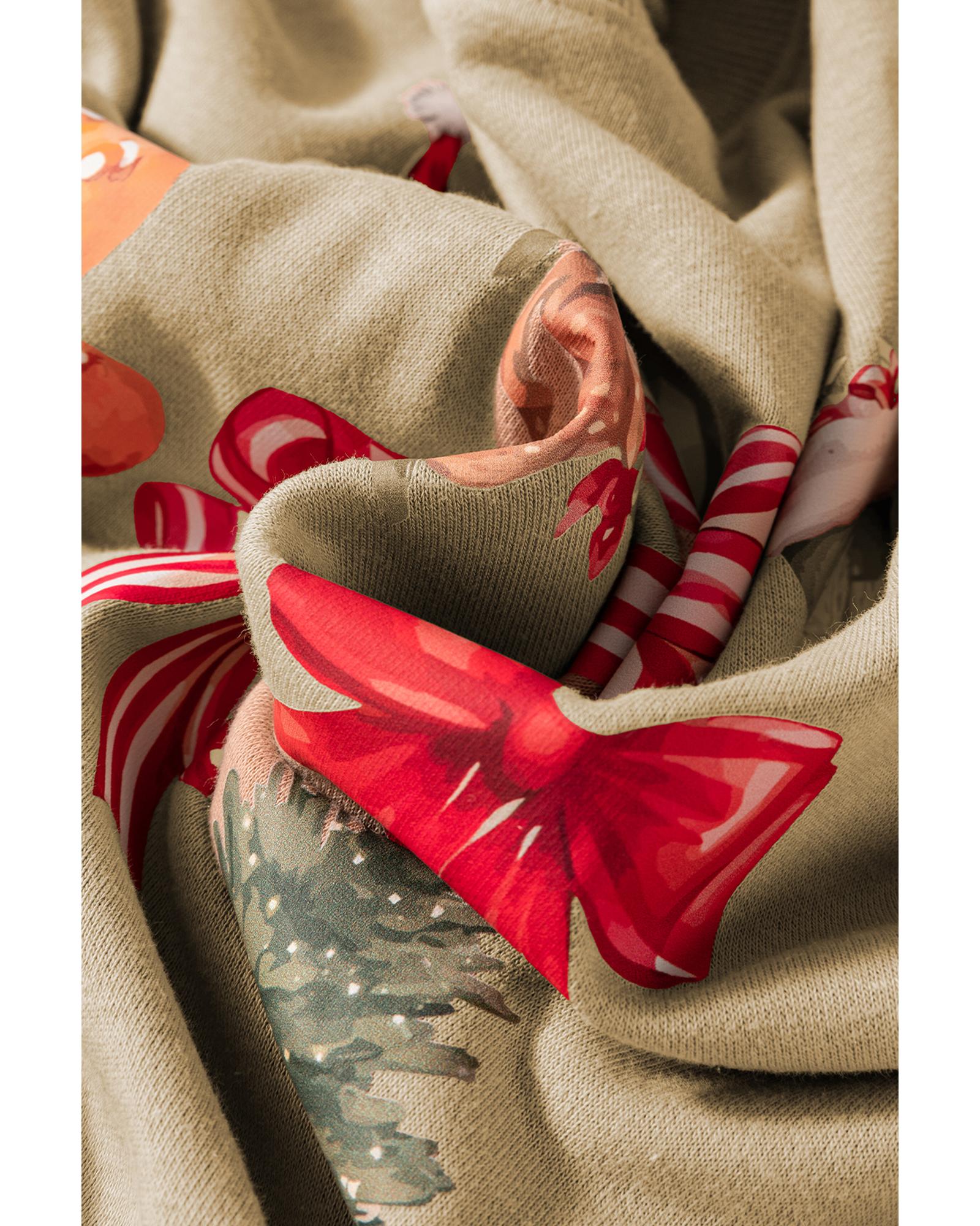 Khaki Christmas Pattern Graphic Crew Neck Sweatshirt - L