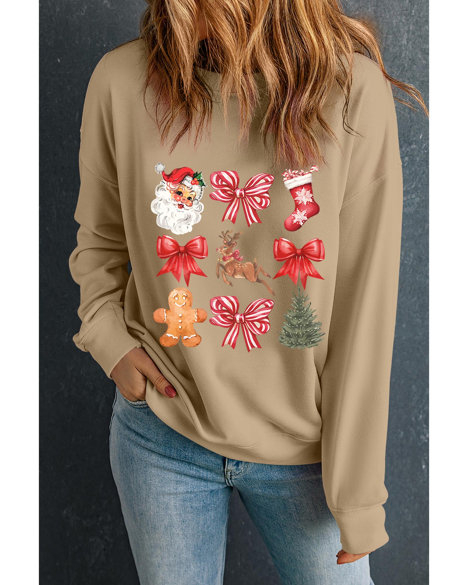 Khaki Christmas Pattern Graphic Crew Neck Sweatshirt - XL 4