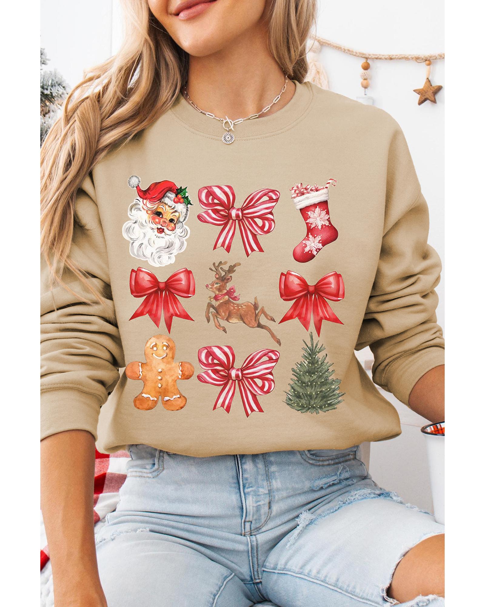 Khaki Christmas Pattern Graphic Crew Neck Sweatshirt - XL 6