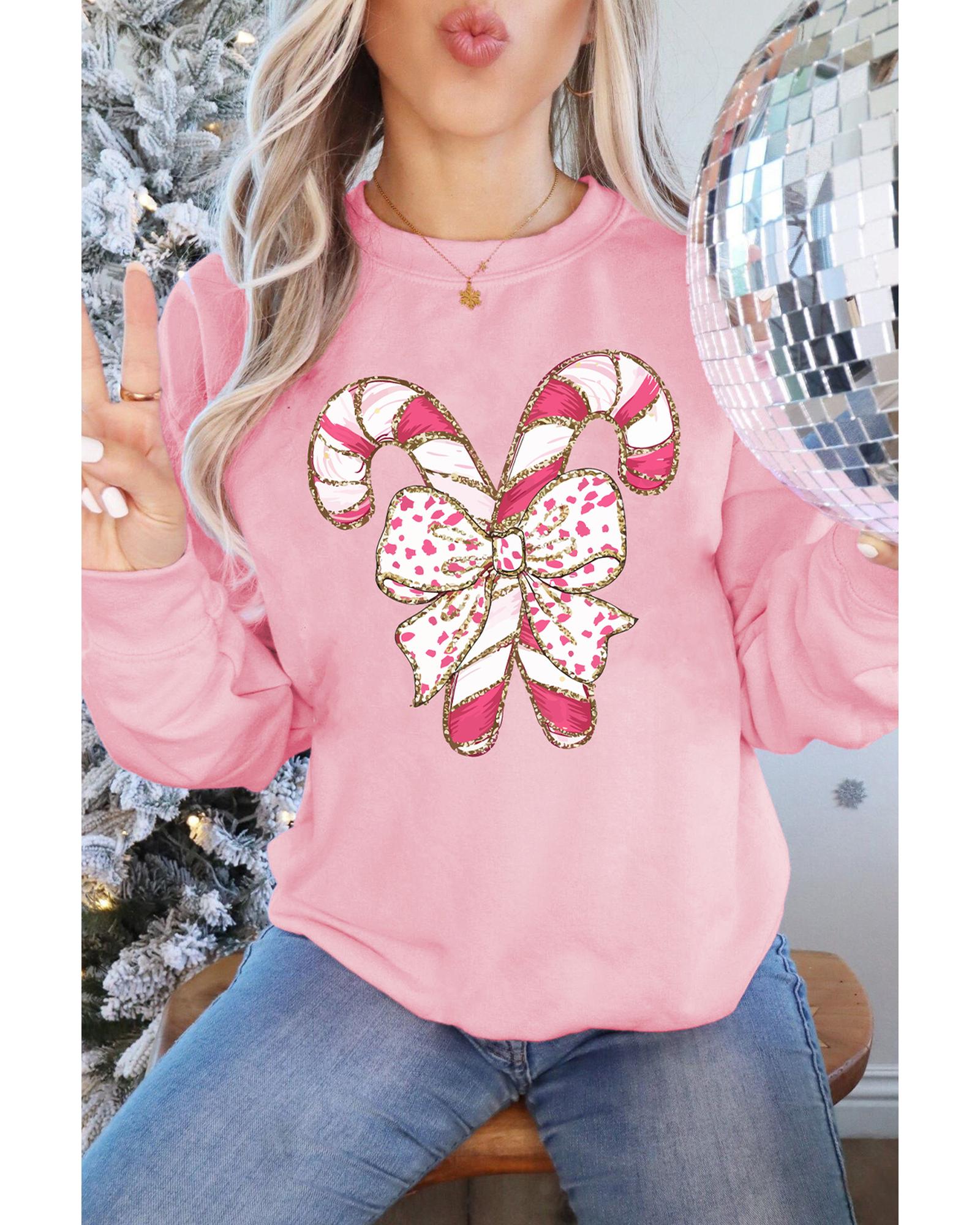 Pink Christmas Bow Candy Cane Graphic Drop Shoulder Crew Neck Sweatshirt - L 5