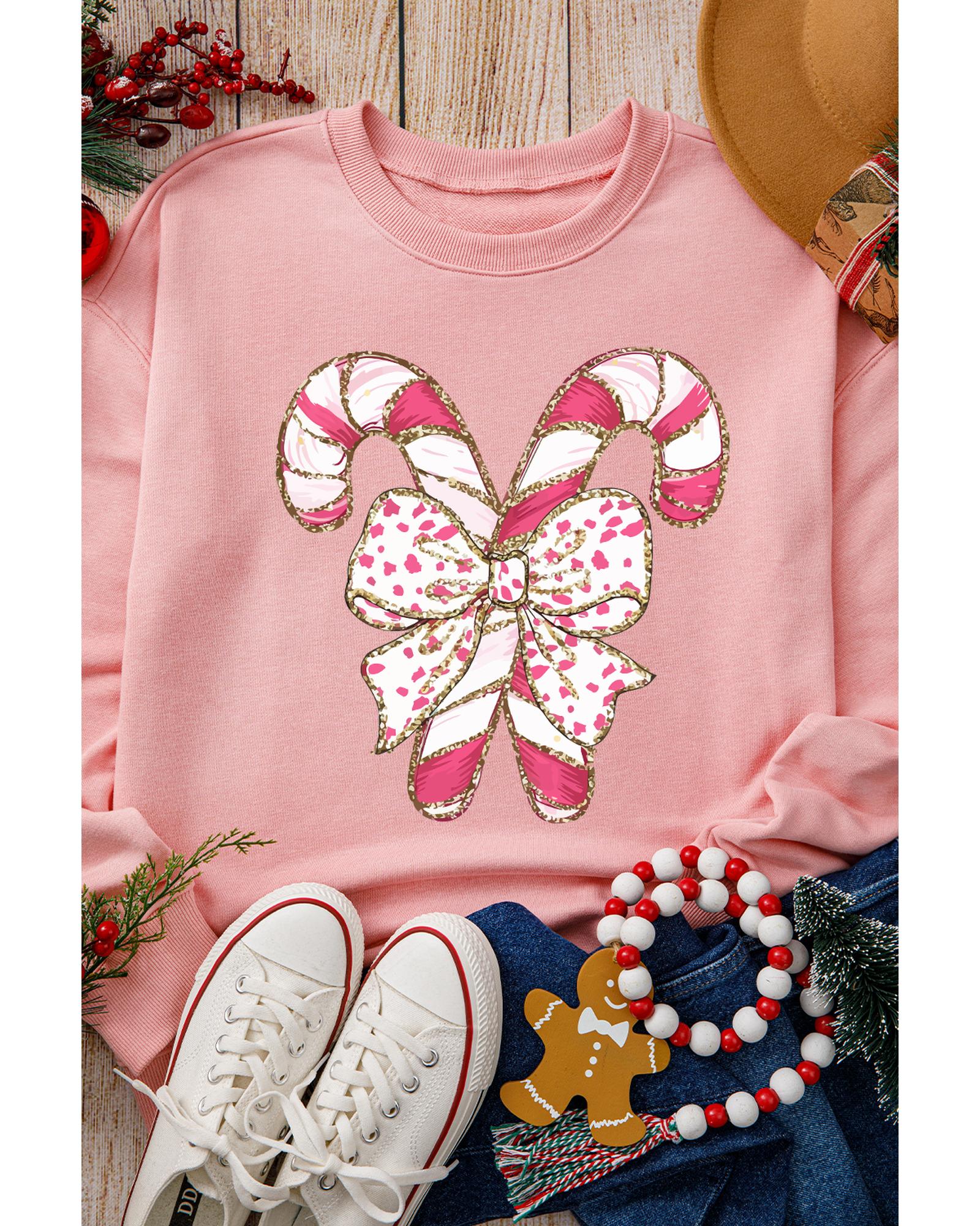 Pink Christmas Bow Candy Cane Graphic Drop Shoulder Crew Neck Sweatshirt - L 7