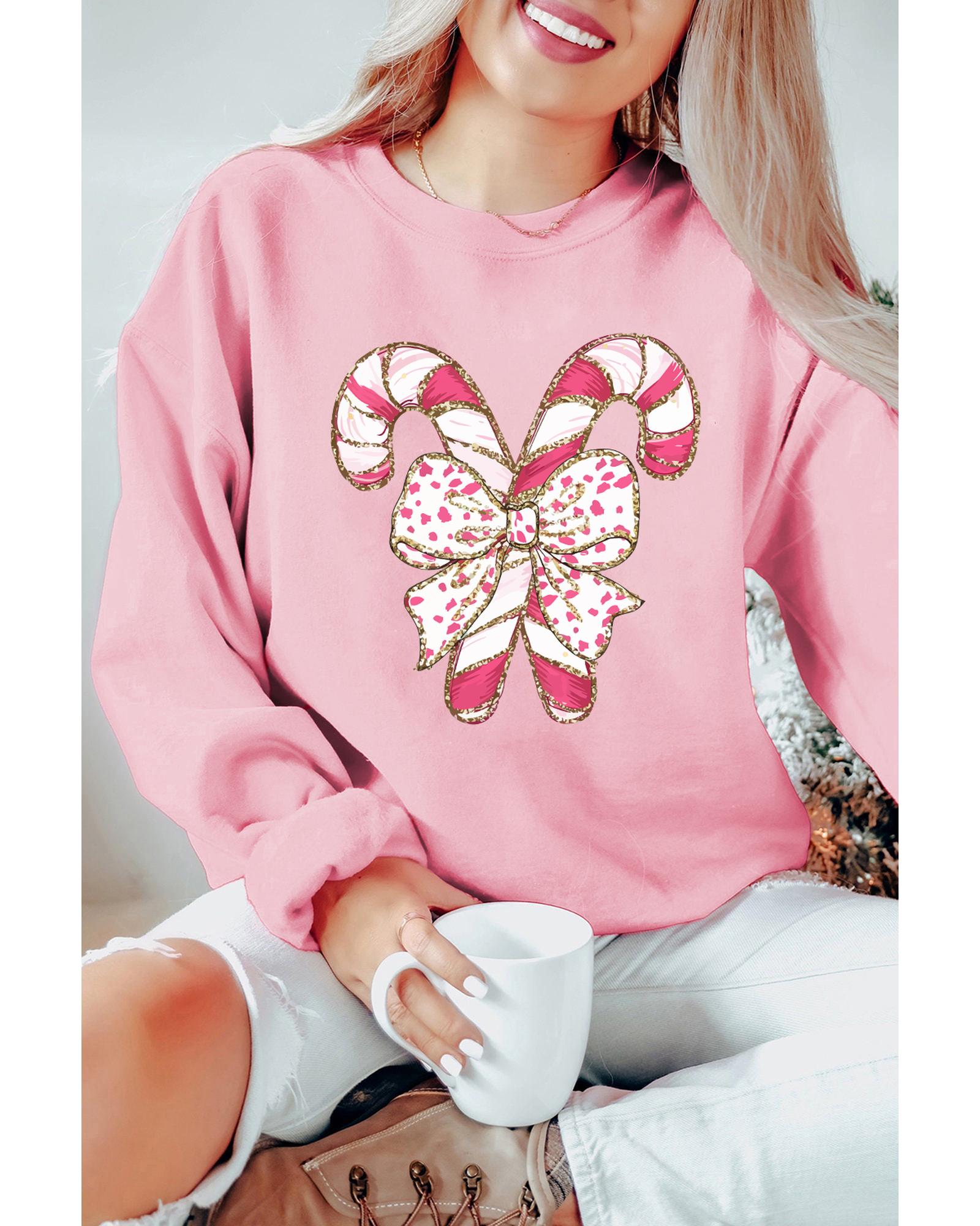 Pink Christmas Bow Candy Cane Graphic Drop Shoulder Crew Neck Sweatshirt - XL