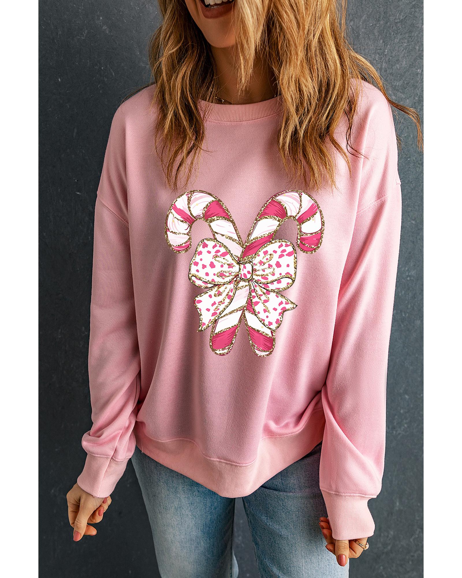 Pink Christmas Bow Candy Cane Graphic Drop Shoulder Crew Neck Sweatshirt - XL 4