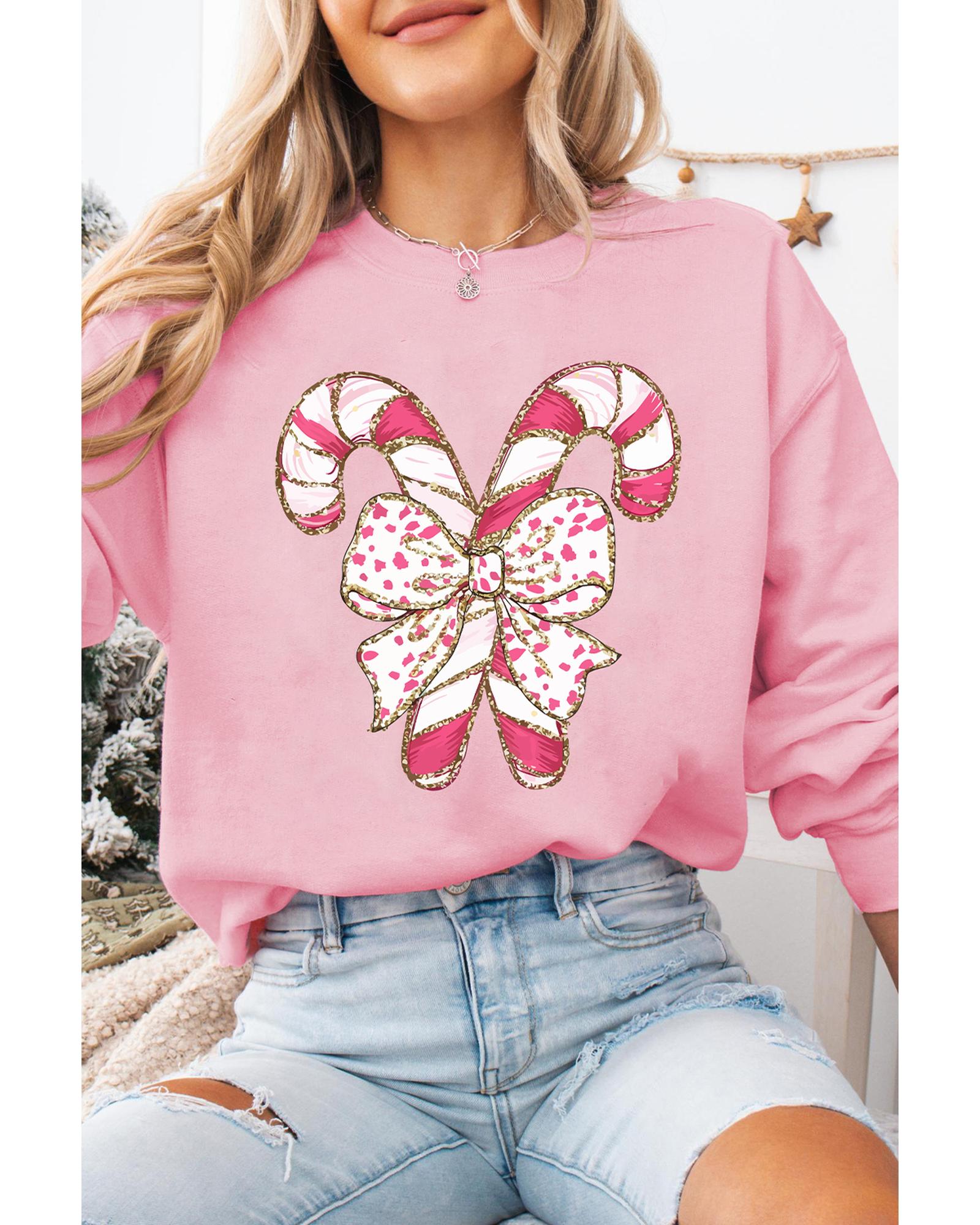Pink Christmas Bow Candy Cane Graphic Drop Shoulder Crew Neck Sweatshirt - XL 8