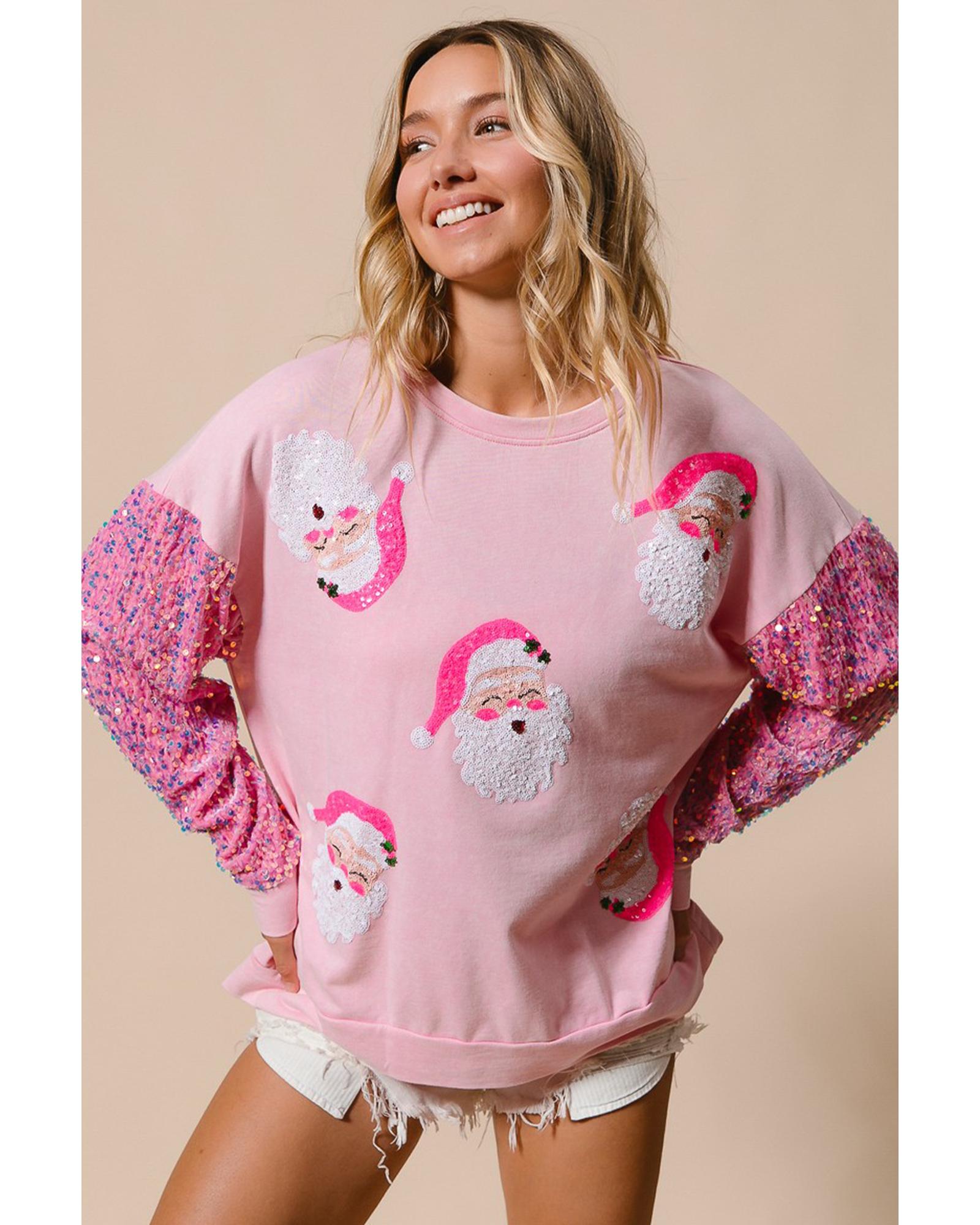 Pink Sequined Santa Claus Long Sleeve Christmas Sweatshirt - M