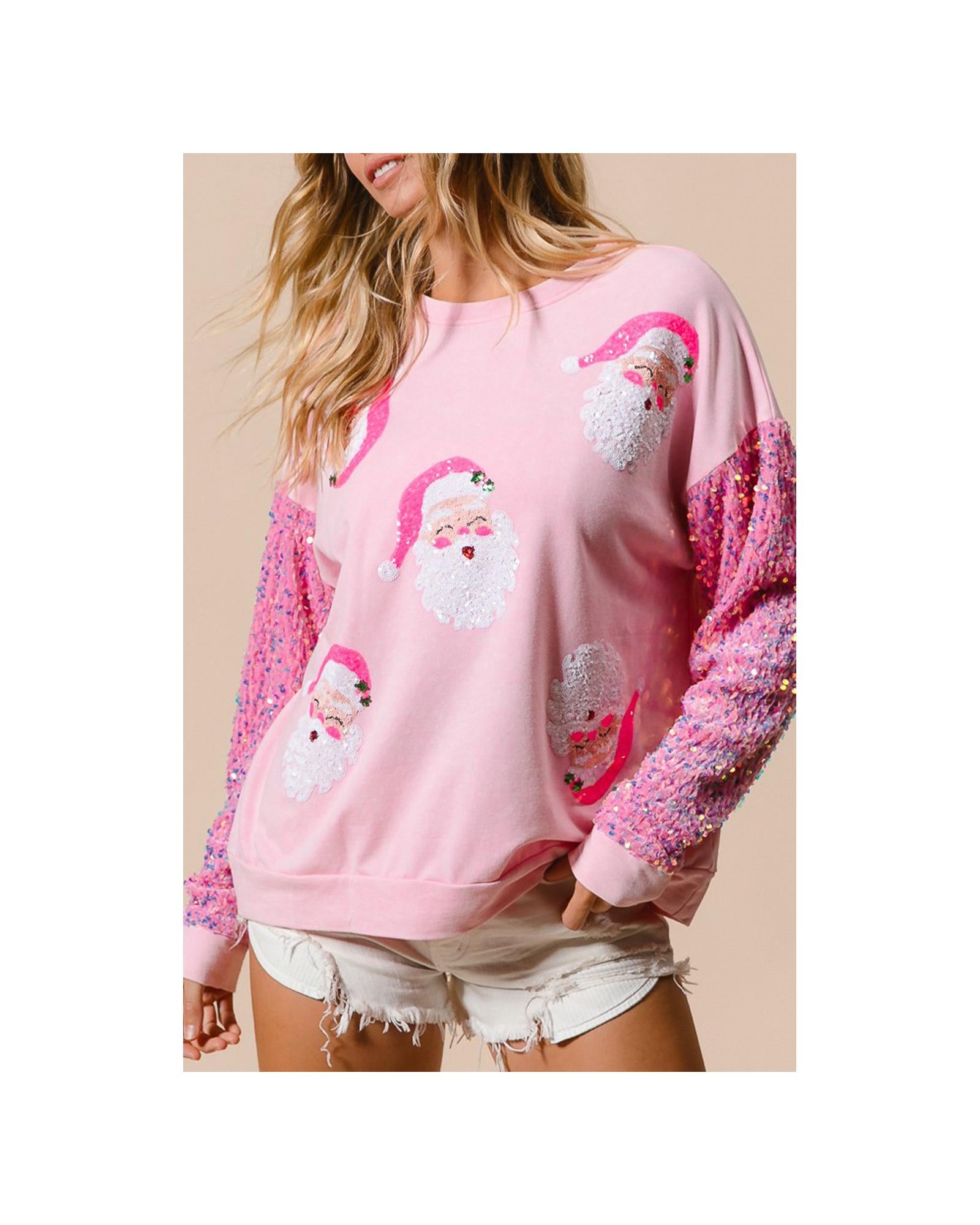 Pink Sequined Santa Claus Long Sleeve Christmas Sweatshirt - M 3